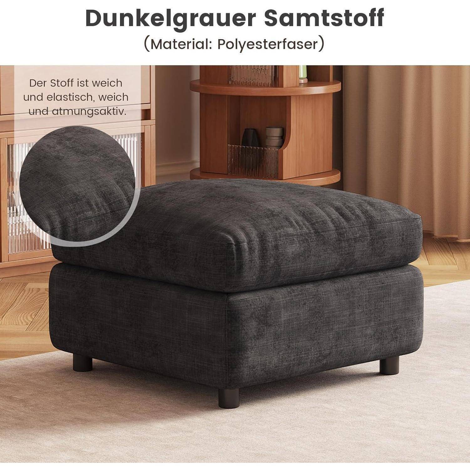 Dunkelgrauer Stoff-Pouf mit einer Nahaufnahme, die das weiche, elastische Polyestermaterial zeigt.
