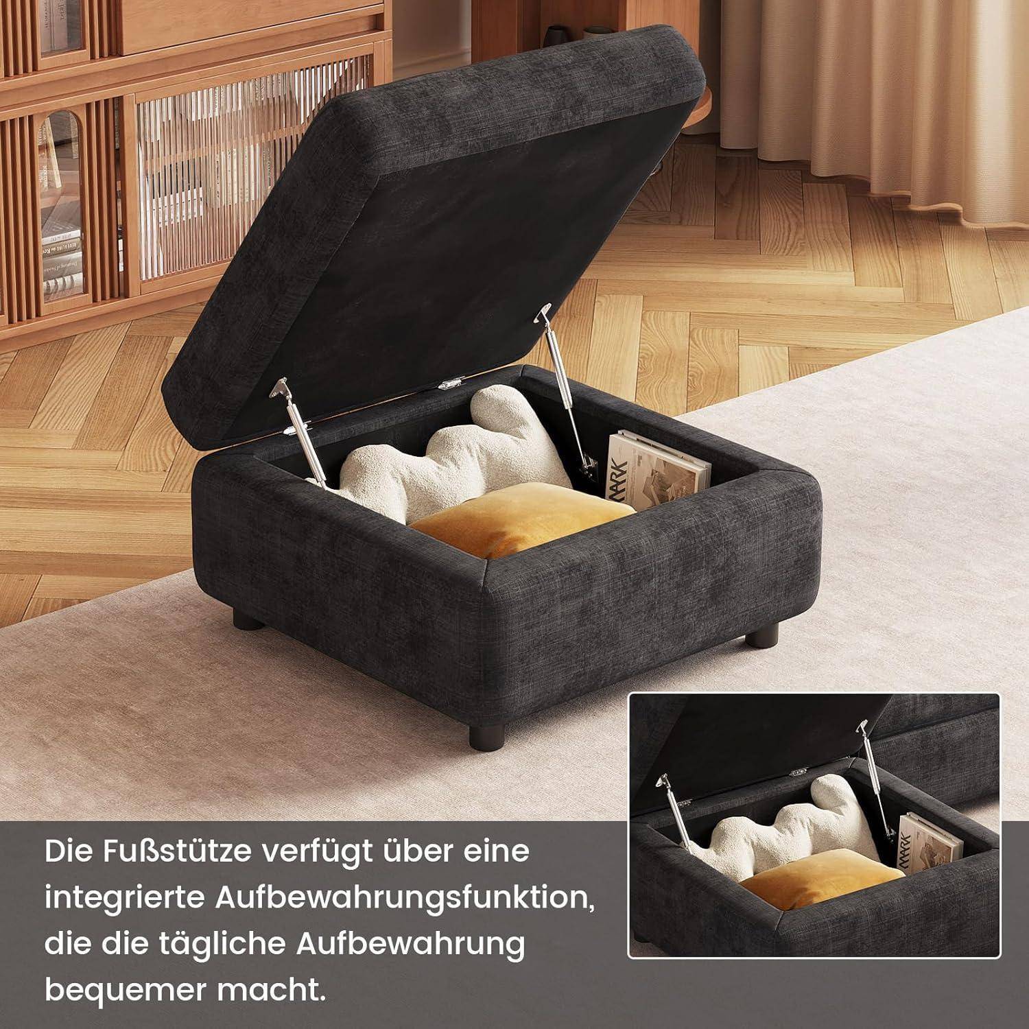 Schwarzer gepolsterter Stauraum-Hocker mit geöffnetem Deckel, der Decken und ein Kissen enthält; vergrößerte Detailaufnahme zeigt das integrierte Stauraum-Abteil.
