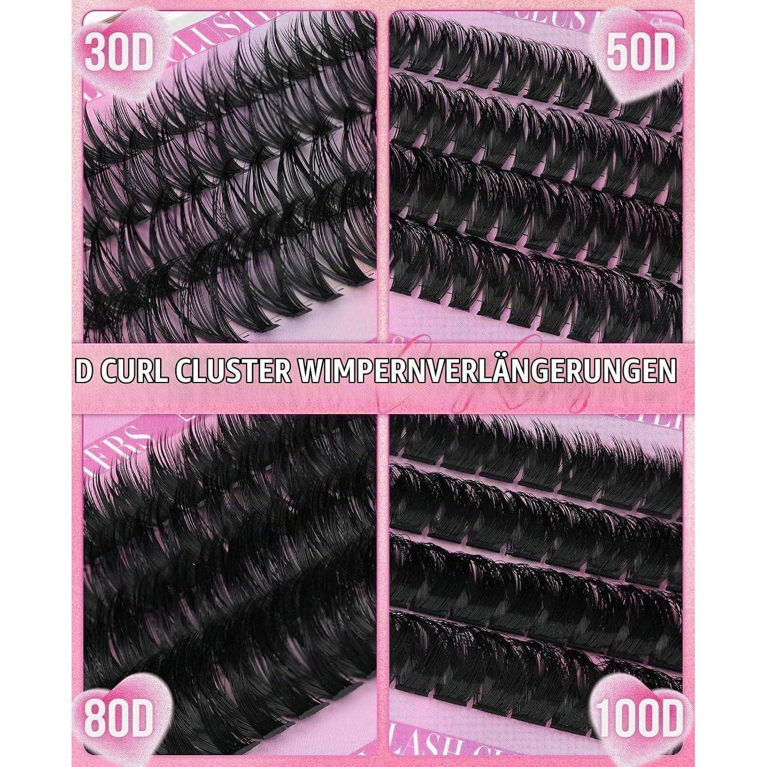 Vergleichstabelle von D-Curl-Cluster-Wimpernverlängerungen mit einer Dicke von 30D, 50D, 80D und 100D auf rosa Hintergrund.