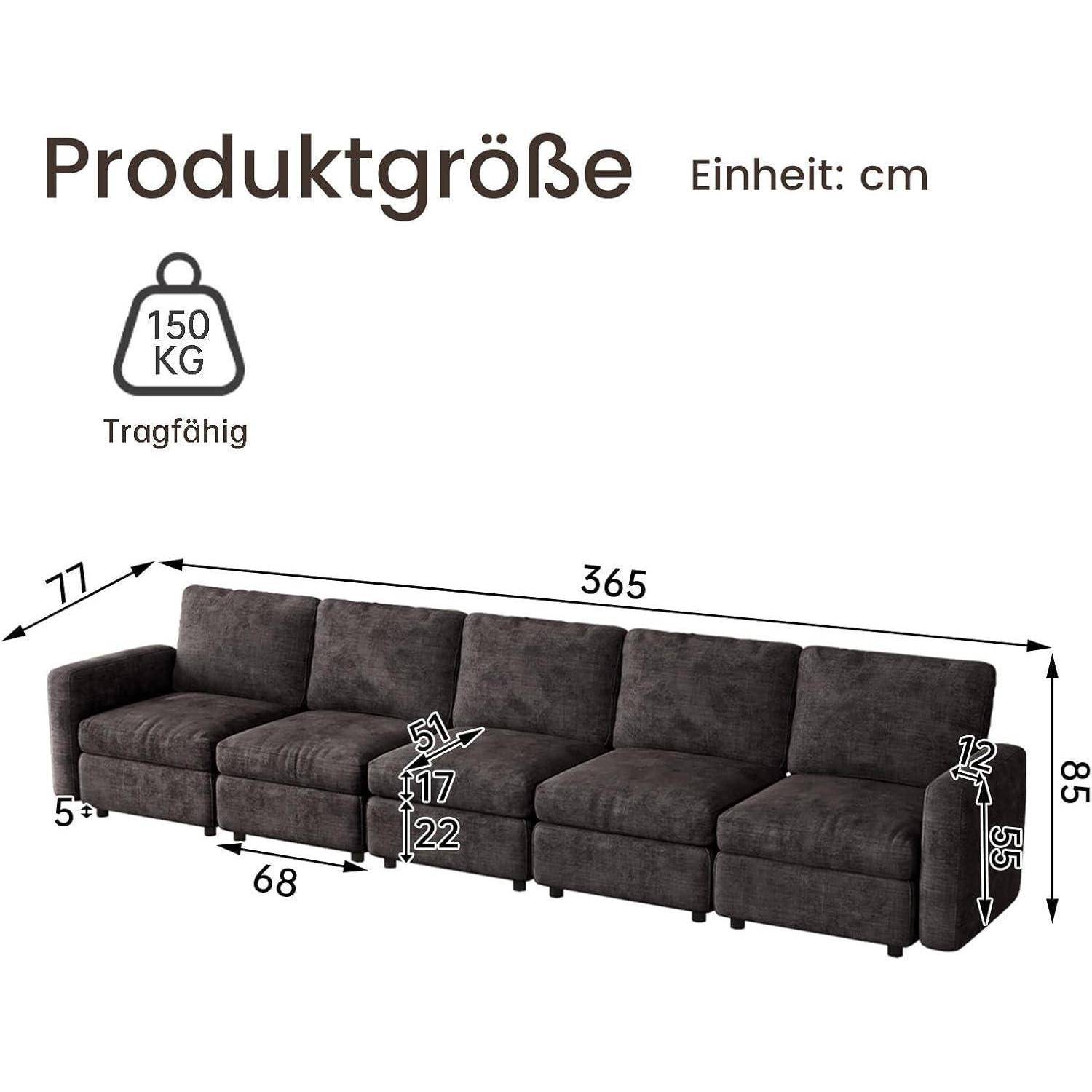 Produktgrößendiagramm für ein modulares Sofa in Zentimetern mit einer Länge von 365 cm, einer Höhe von 85 cm, einer Tiefe von 77 cm, einer Tragfähigkeit von 150 kg und Sitzmessungen.