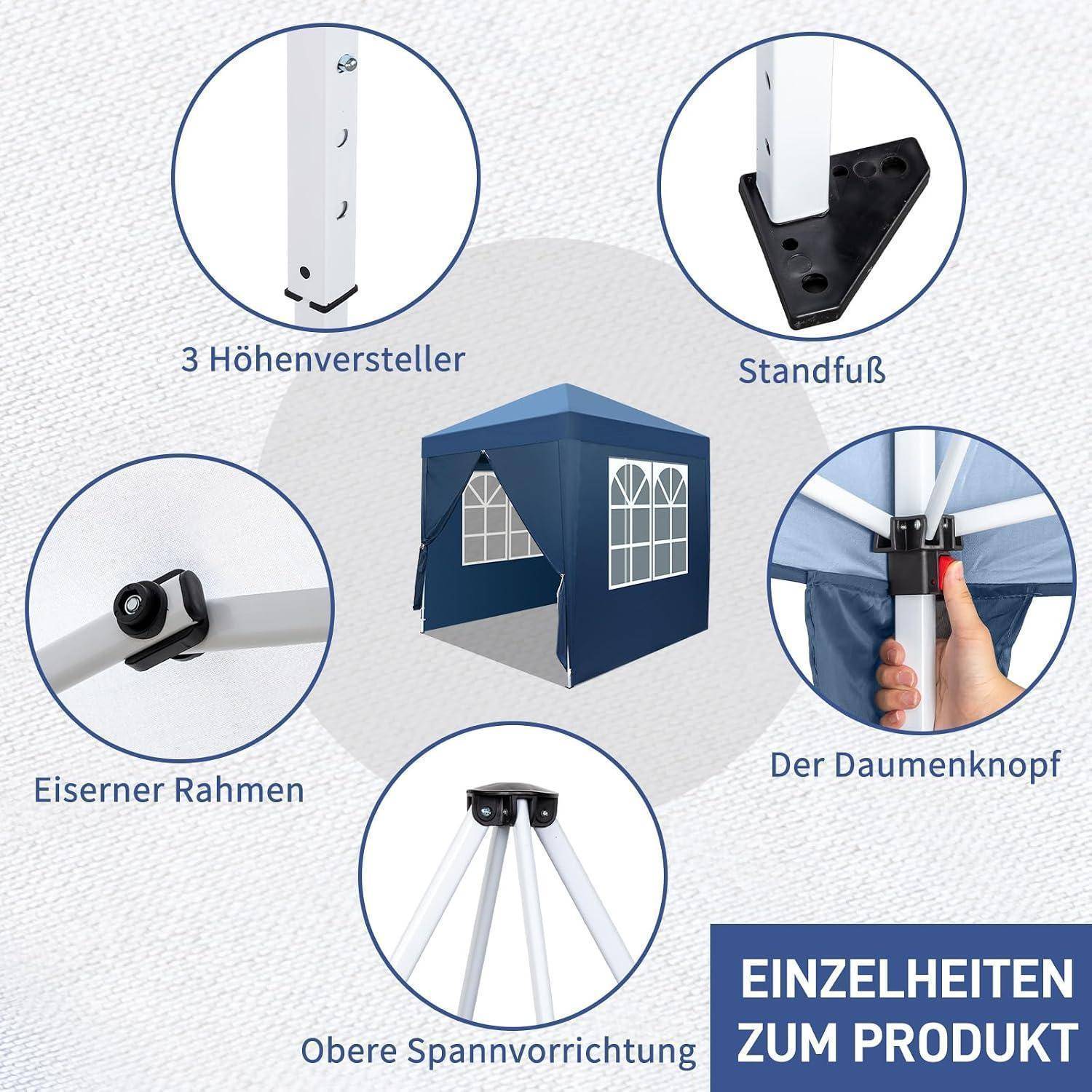 Diagramm eines blauen Popup-Pavillon-Zelts mit beschrifteten Merkmalen: Höhenverstellung, Standplatte, Eisenrahmen, Druckknopf und obere Spannvorrichtung.