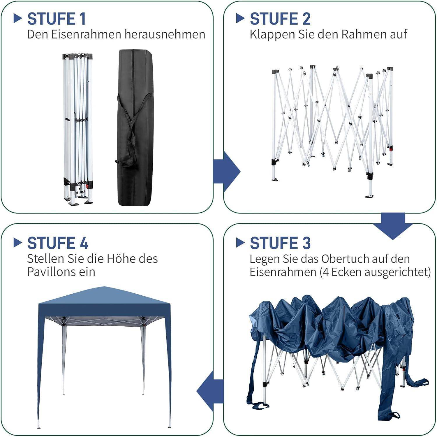 Vierschrittiger Aufbauanleitung für ein Popup-Zelt auf Deutsch: Gestell aus der Tasche entfernen, Gestell entfalten, Abdeckung auf dem Gestell anbringen und Pavillon-Höhe einstellen.