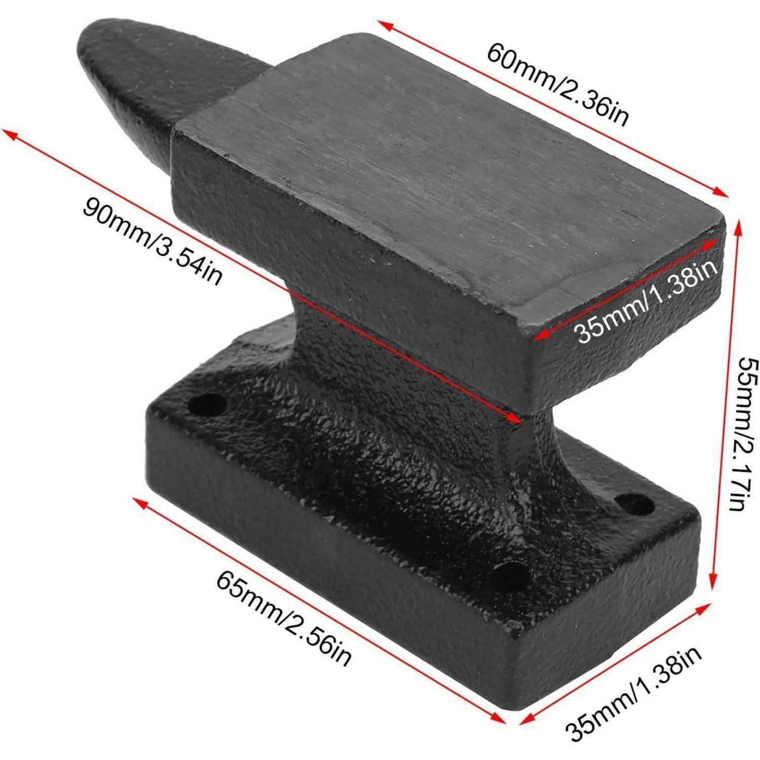 Schwarzes Metall-Ambossähnliches Werkzeugblock mit beschrifteten Abmessungen: 90 mm lang, 60 mm Oberlänge, 35 mm breit und 55 mm hoch.