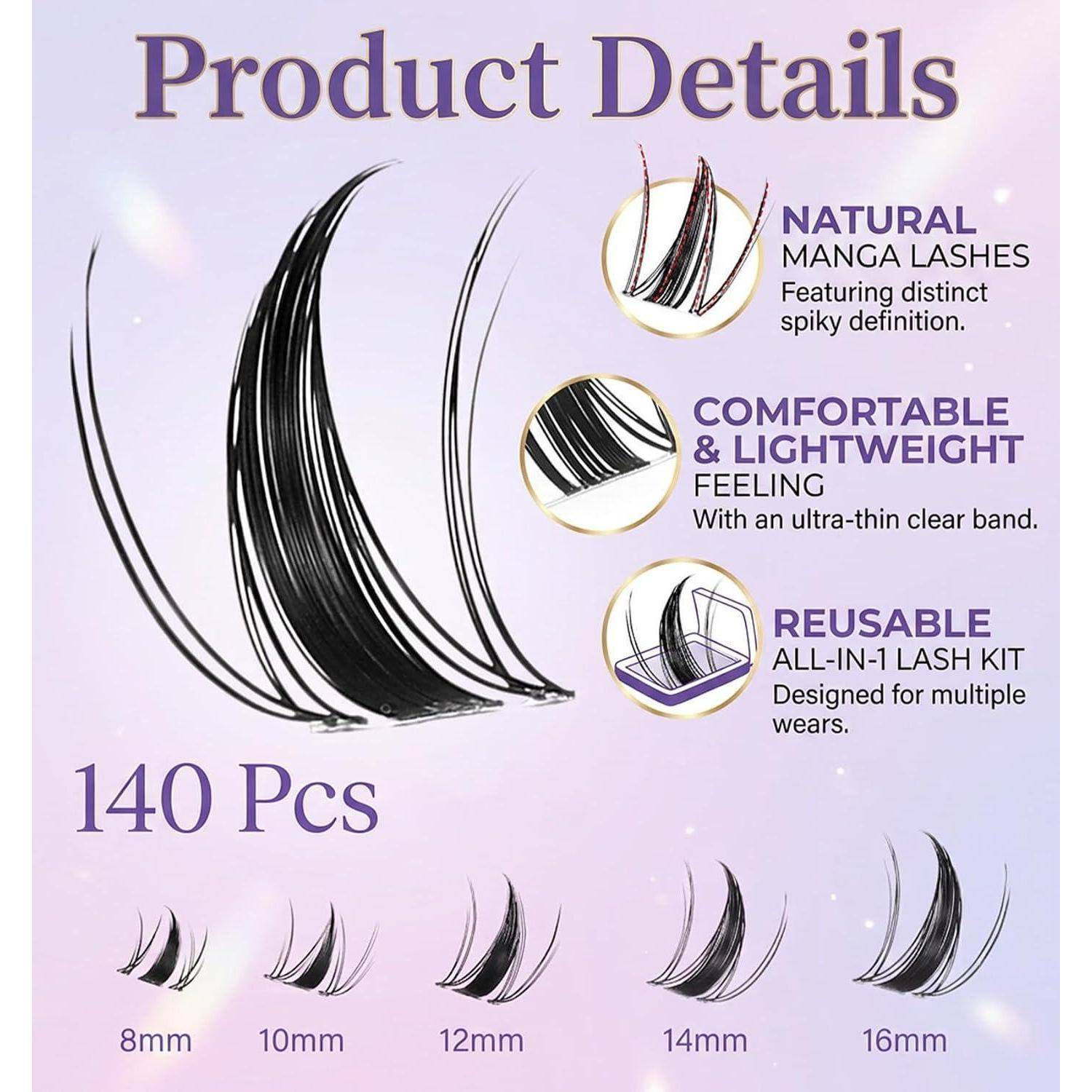 Produktdetails für natürliche Manga-Wimpernverlängerungen: 140 Stück, komfortables leichtes wiederverwendbares All-in-One-Wimpernset mit 8 mm, 10 mm, 12 mm, 14 mm und 16 mm Stilen.