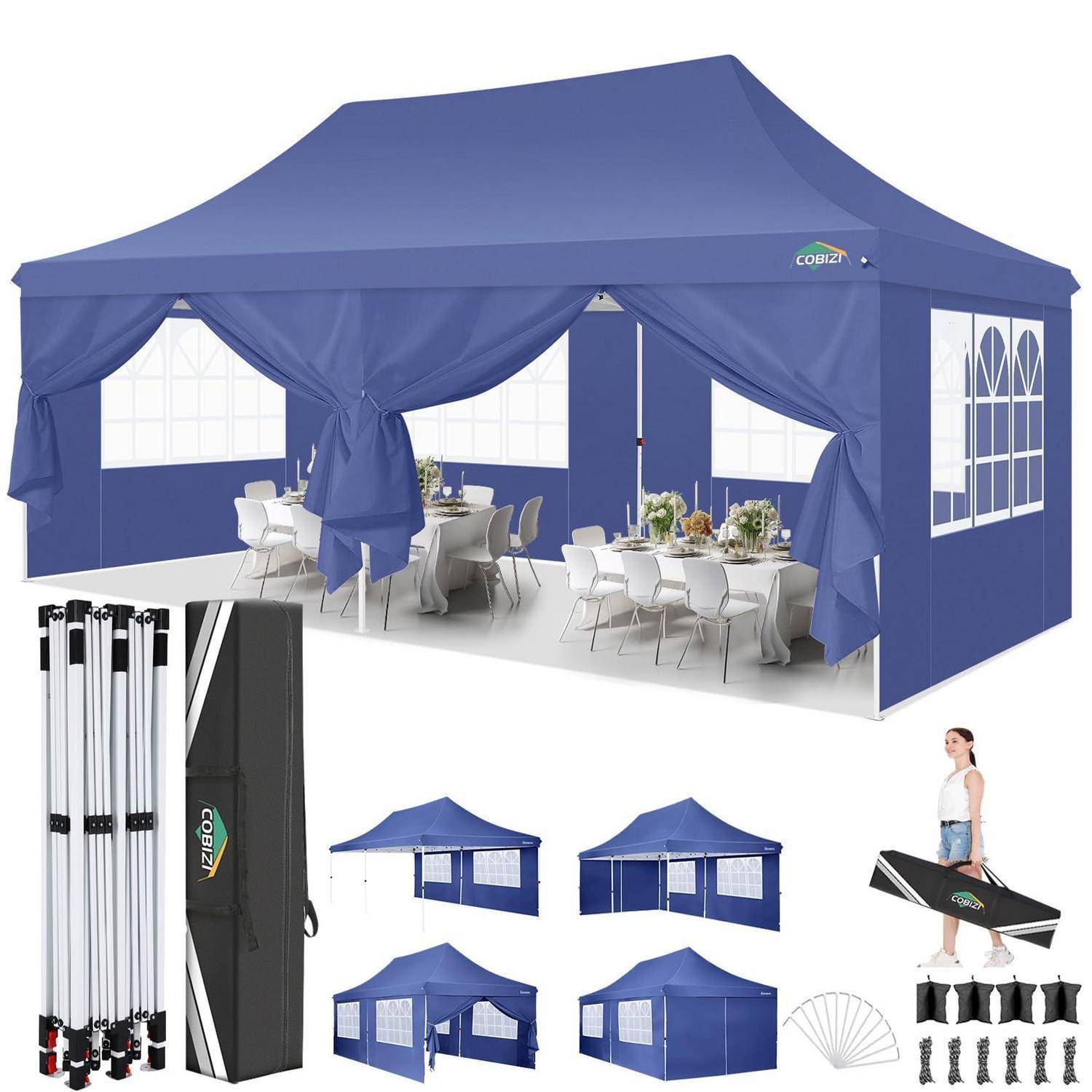 Blauez Pop-Up-Pavillon-Zelt mit Seitenwänden und Fenstern, geöffnet mit Tischen und Stühlen im Inneren, plus zusammengeklapptem Rahmen und Tragetasche mit Montageteilen darunter.