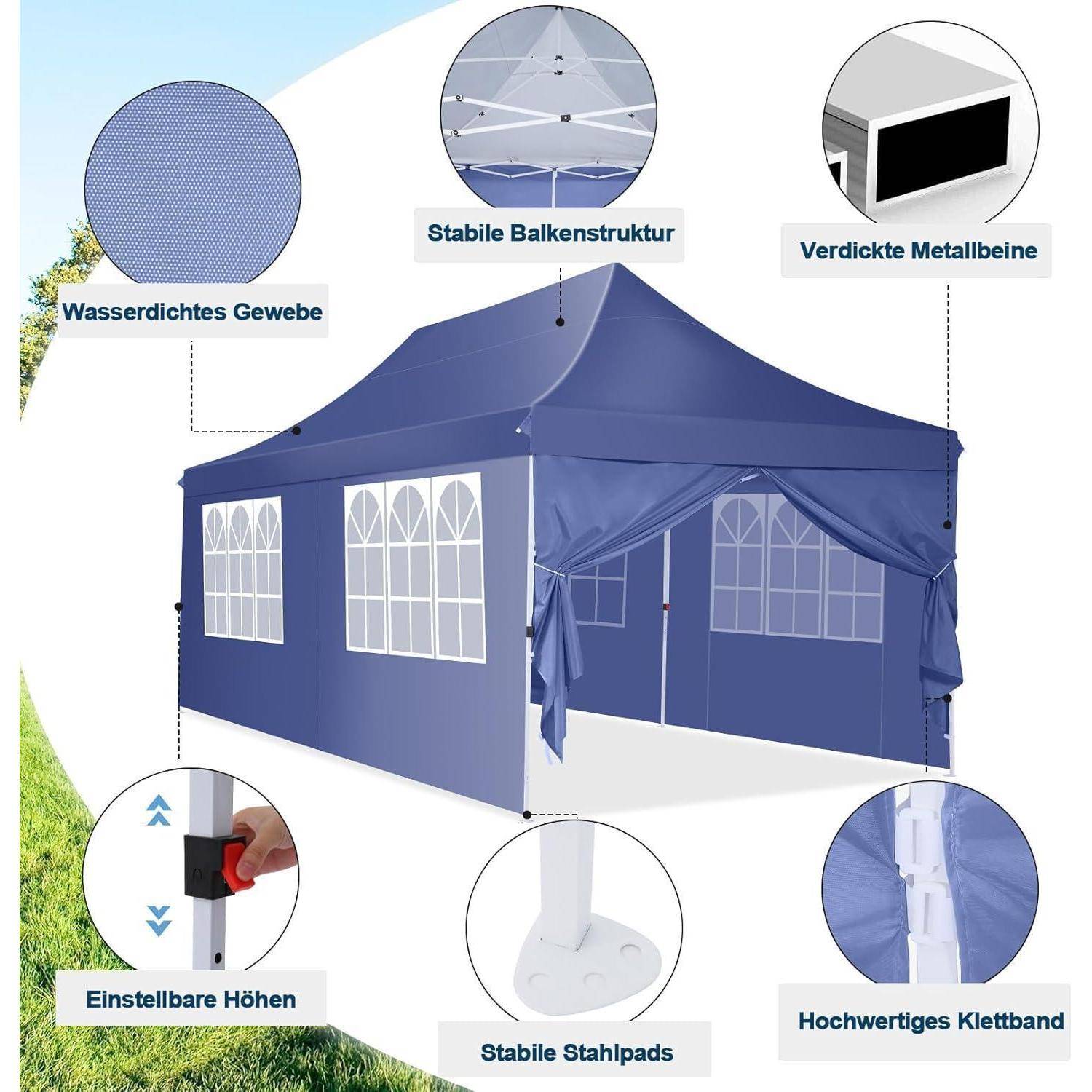 Illustriertes blaues Pop-up-Baldachindach mit Beschriftungen für wasserdichtes Gewebe, stabiles Gestell, verstärkte Metallbeine, verstellbare Höhe, Stahlfüße und Klett-Verschlüsse.