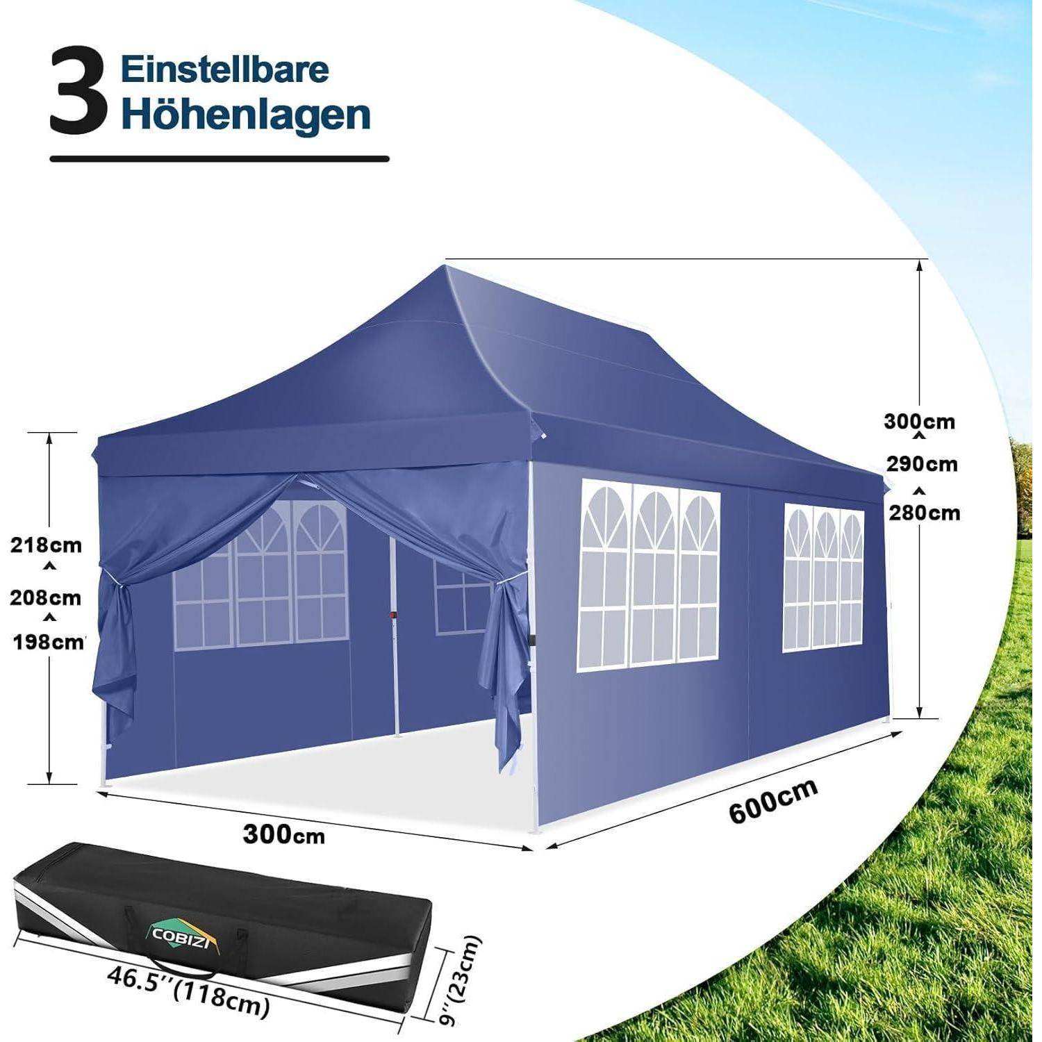 Diagramm eines blauen Pop-Up-Baldachins mit 3 verstellbaren Höhen, zeigt Abmessungen von 300 x 600 cm, Höhenoptionen von 198-300 cm und eine Transporttasche.