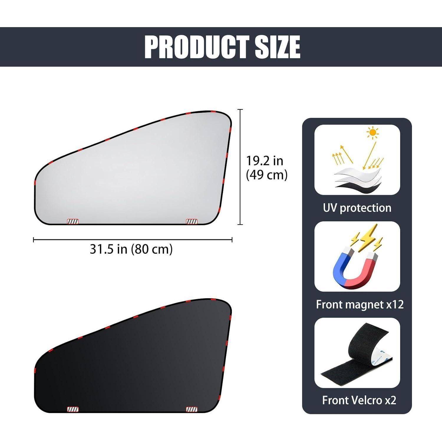 Produktgrößendiagramm für eine Autoscheiben-Sonnenschutzblende, 31,5 Zoll x 19,2 Zoll, mit Symbolen für UV-Schutz, 12 vordere Magnete und 2 vordere Klettverschlusstreifen.