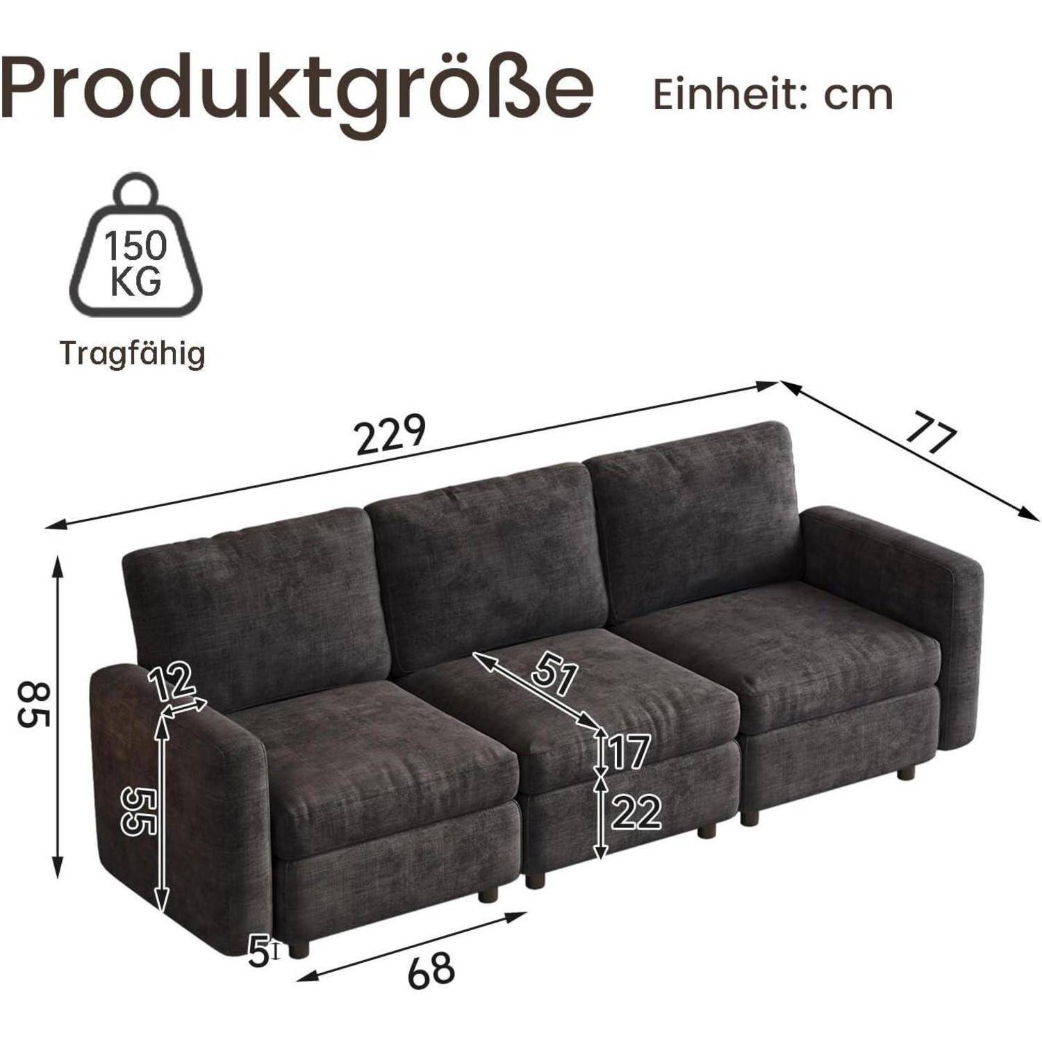 Diagramm eines dunkelgrauen Ecksofa mit Maßen in cm: 229 Länge, 77 Tiefe, 85 Höhe; Sitzhöhe 22, Tragfähigkeit 150 kg.