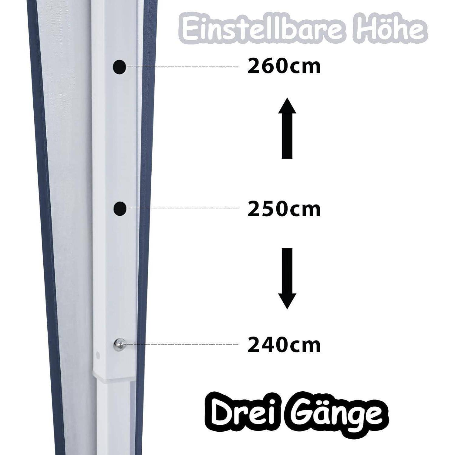 Infografik einer höhenverstellbaren Struktur mit der Bezeichnung „Einstellbare Höhe" und Einstellungen bei 240 cm, 250 cm und 260 cm, die drei Anpassungspositionen zeigt.