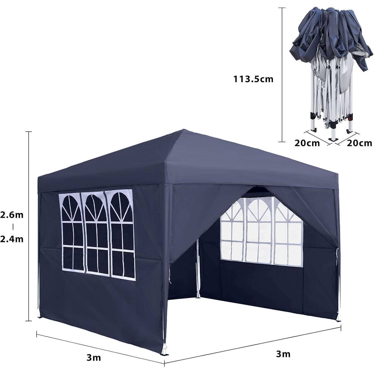 Dunkelblauer Pop-up-Gartenpavillon, 3m x 3m und 2,4-2,6m hoch, mit Seitenpaneelen mit Fenstern; Einschub zeigt Packmaß 113,5cm x 20cm x 20cm.