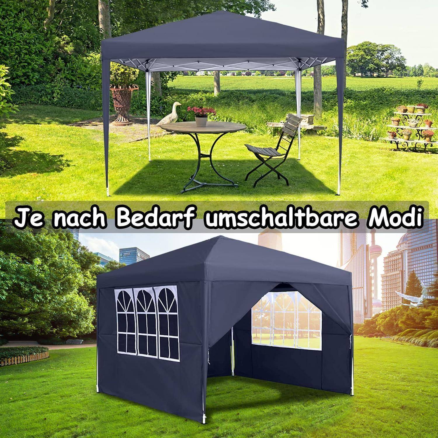 Einklappbares graues Baldachindach in zwei Modi: offene Gartenlaube mit Tisch und Stühlen oder geschlossener Gartenschutz mit Seitenwänden und Fenstern.