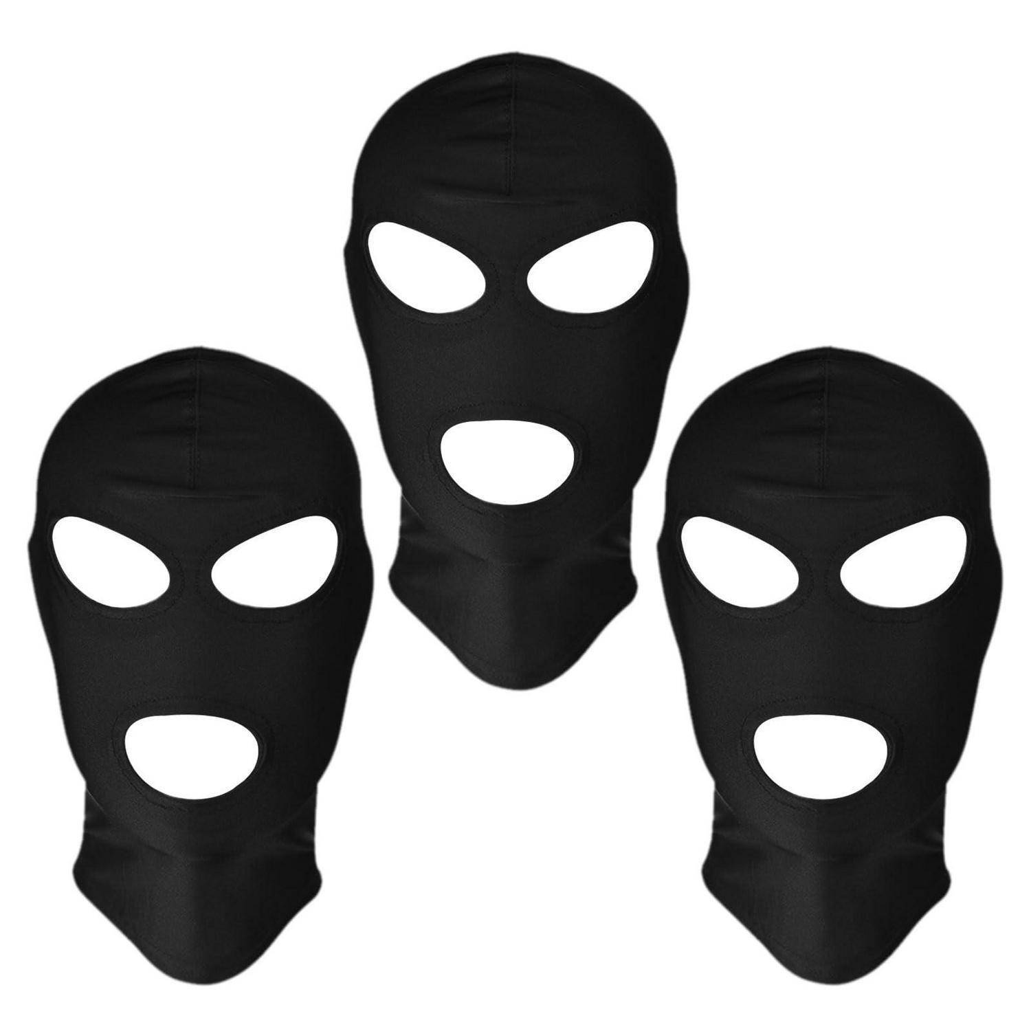 Drei schwarze Skimasken mit Augen- und Mundöffnungen auf weißem Hintergrund.
