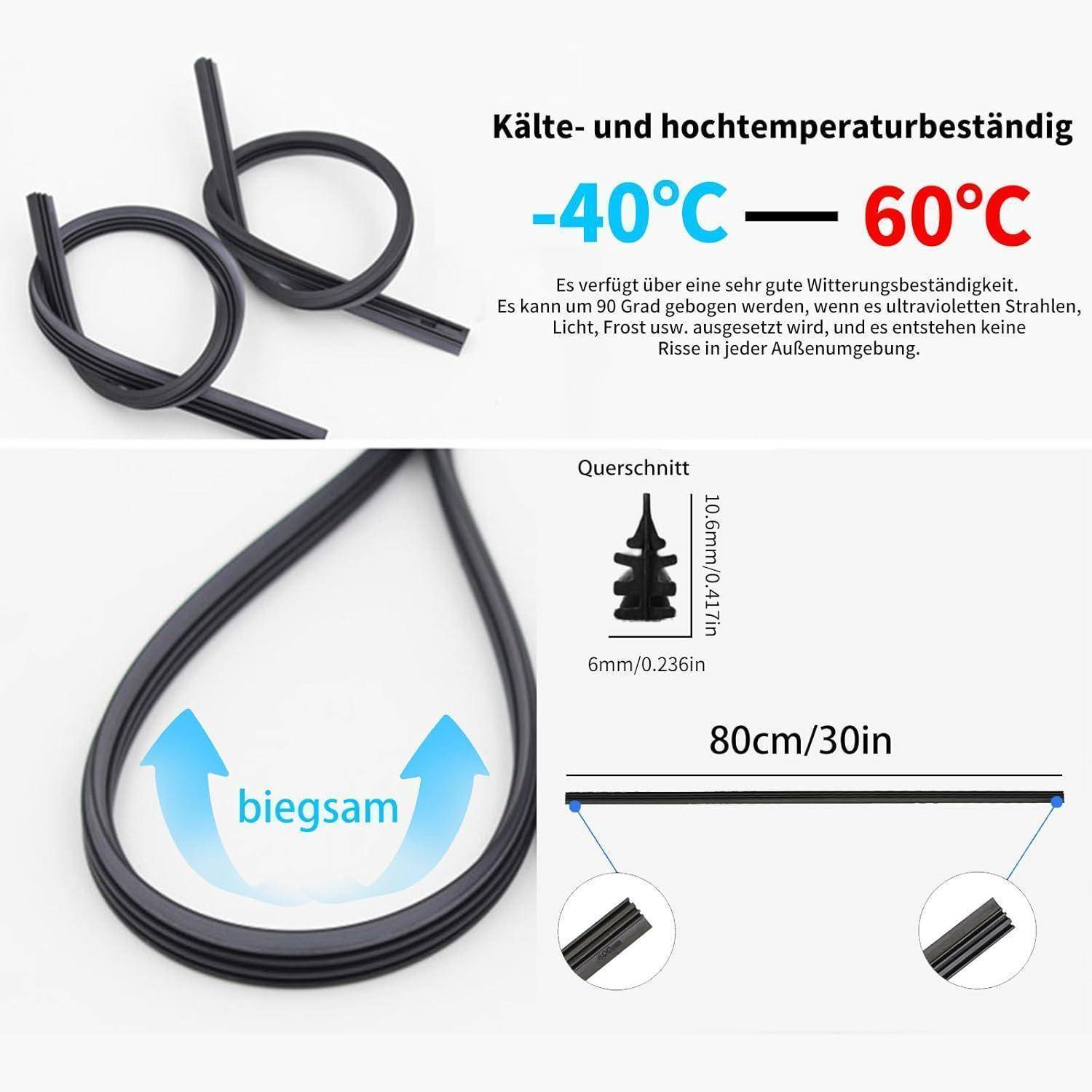Produktgrafik einer flexiblen Gummidichtung/Zierleiste mit Wärmebeständigkeit von -40°C bis 60°C, 80 cm Länge, 6 mm x 10,6 mm Querschnitt und Biegsamkeit.