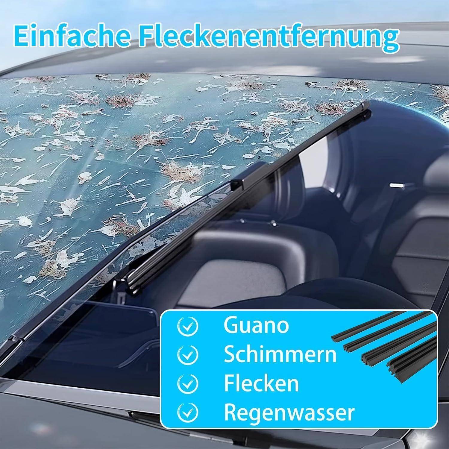 Autoscheibe mit Vogelkot und Schmutz bedeckt; Text lautet „Einfache Fleckenentfernung