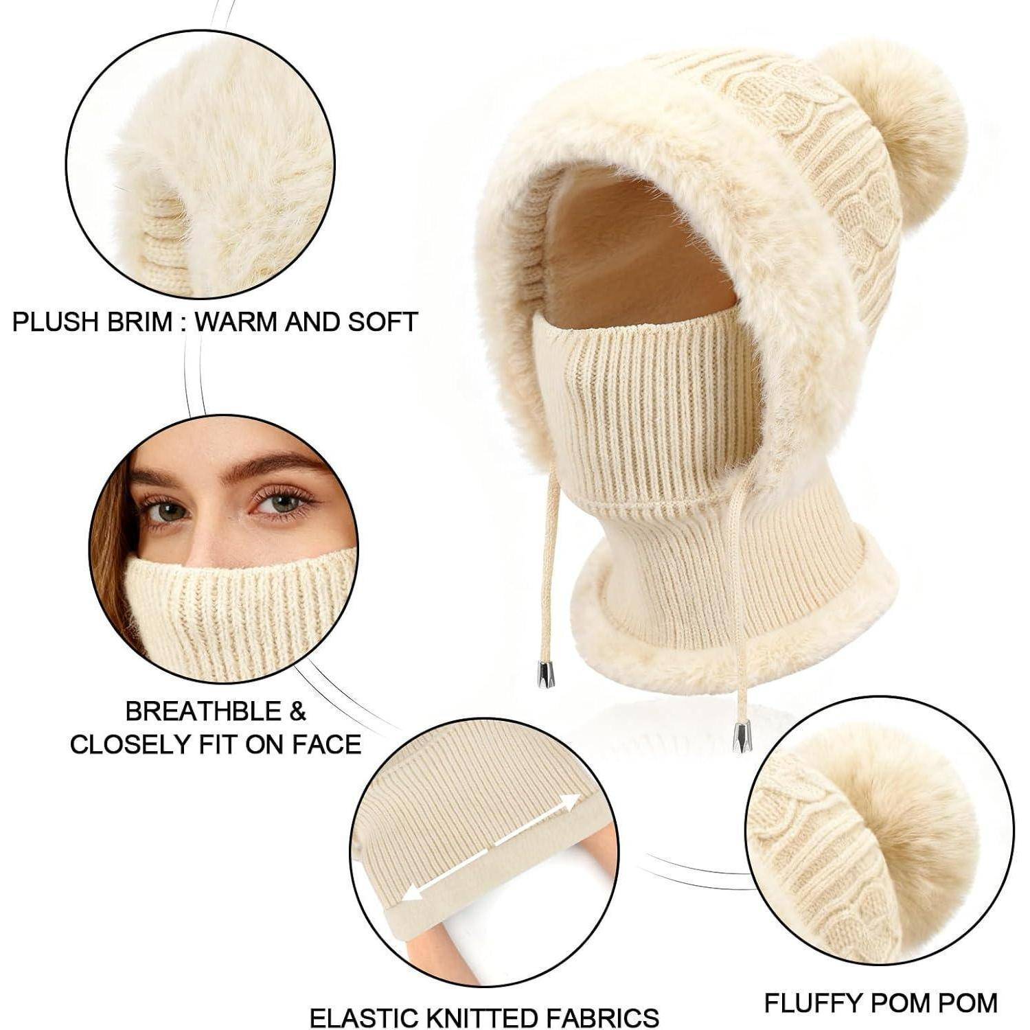 Cremefarbene Strickmütze für den Winter mit Pelzbesatz, Gesichtsmaske und Bommel; eingefügte Hinweise heben die kuschelige Krempe, die atmungsaktive Passform und das elastische Strickgewebe hervor.