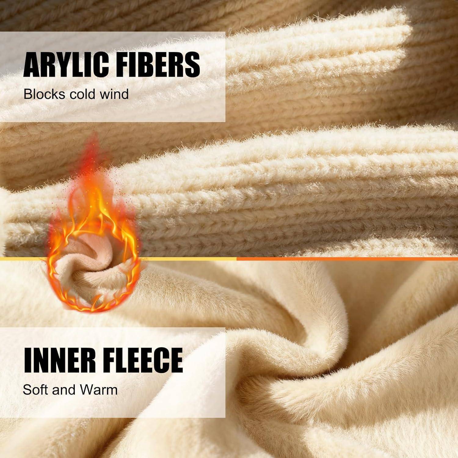 Stoffdetail-Vergleich: 'ACRYLFASERN' die 'Blockiert Kaltwind' mit 'INNERES FLEECE' das 'Weich und Warm ist', gezeigt mit einem Flammensymbol.