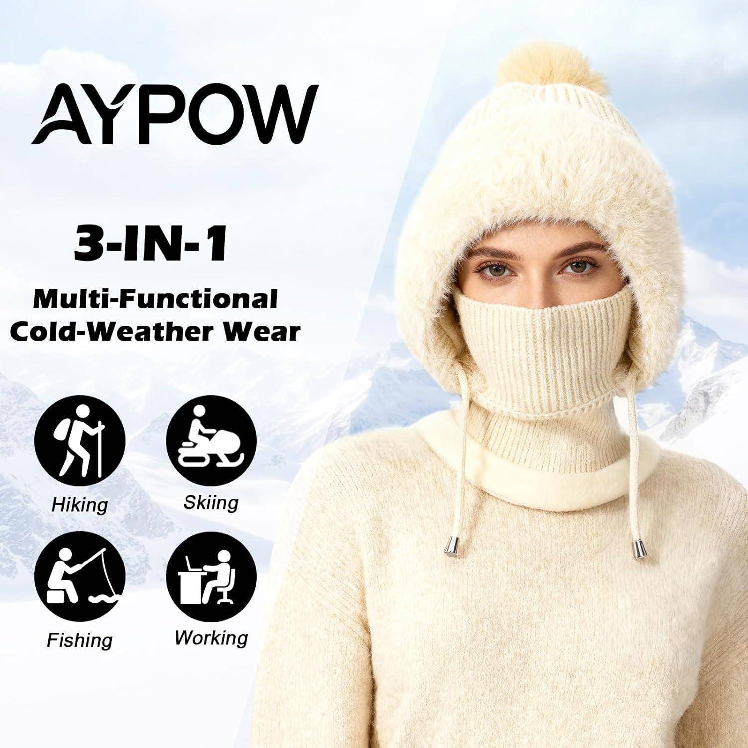 AYPOW 3-in-1 Multifunktionale Kälteschutzkleidung, gezeigt an einem Modell, das eine Kapuzenmütze, eine Gesichtsmaske und einen Schal trägt, mit Symbolen für Wandern, Skifahren, Angeln und Arbeiten.