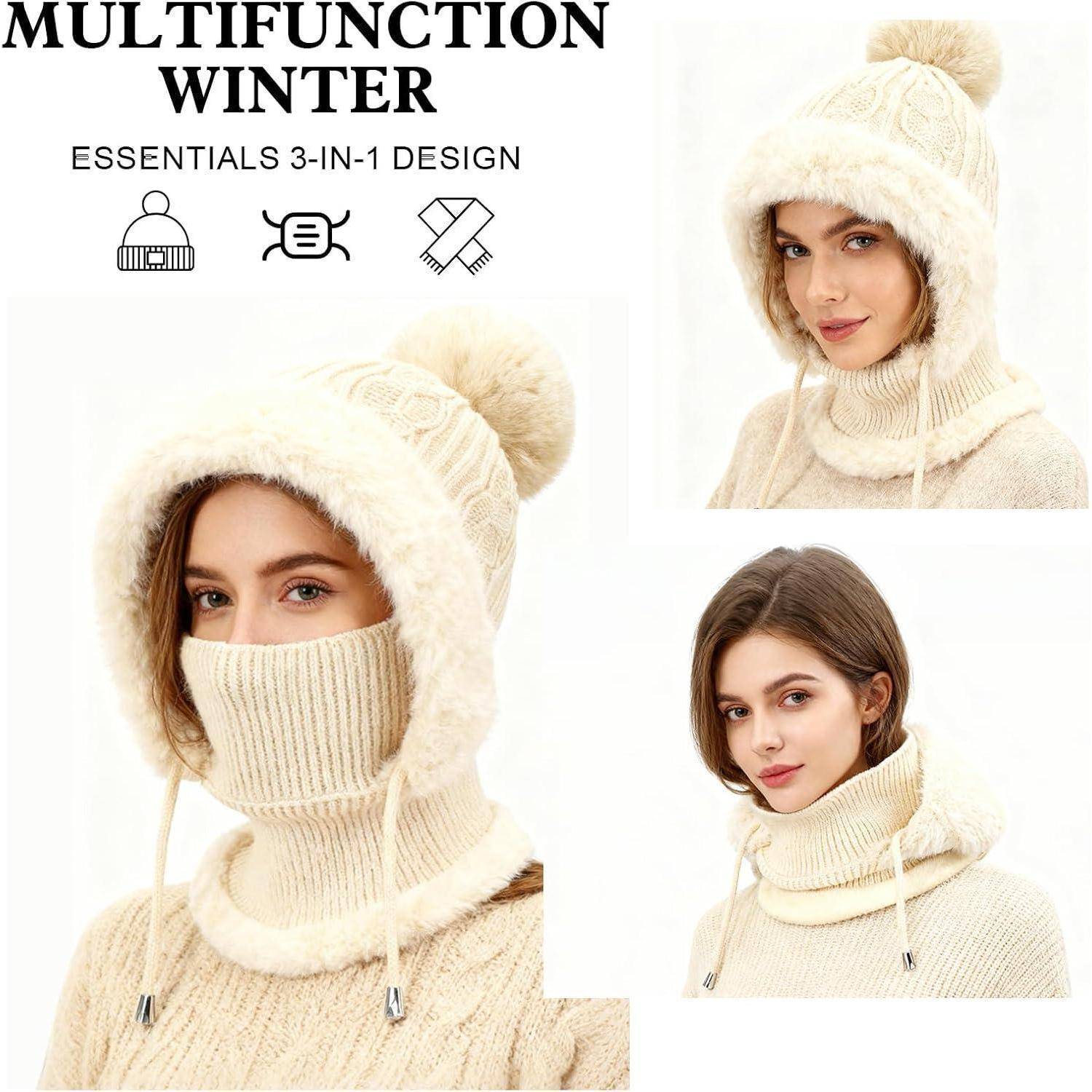 Collage einer Frau, die ein Set aus einer cremefarbenen Multifunktions-Wintermütze, einem Schal und einer Gesichtsmaske präsentiert, mit der Bezeichnung „MULTIFUNKTIONALE WINTER-ESSENTIALS 3-IN-1-DESIGN