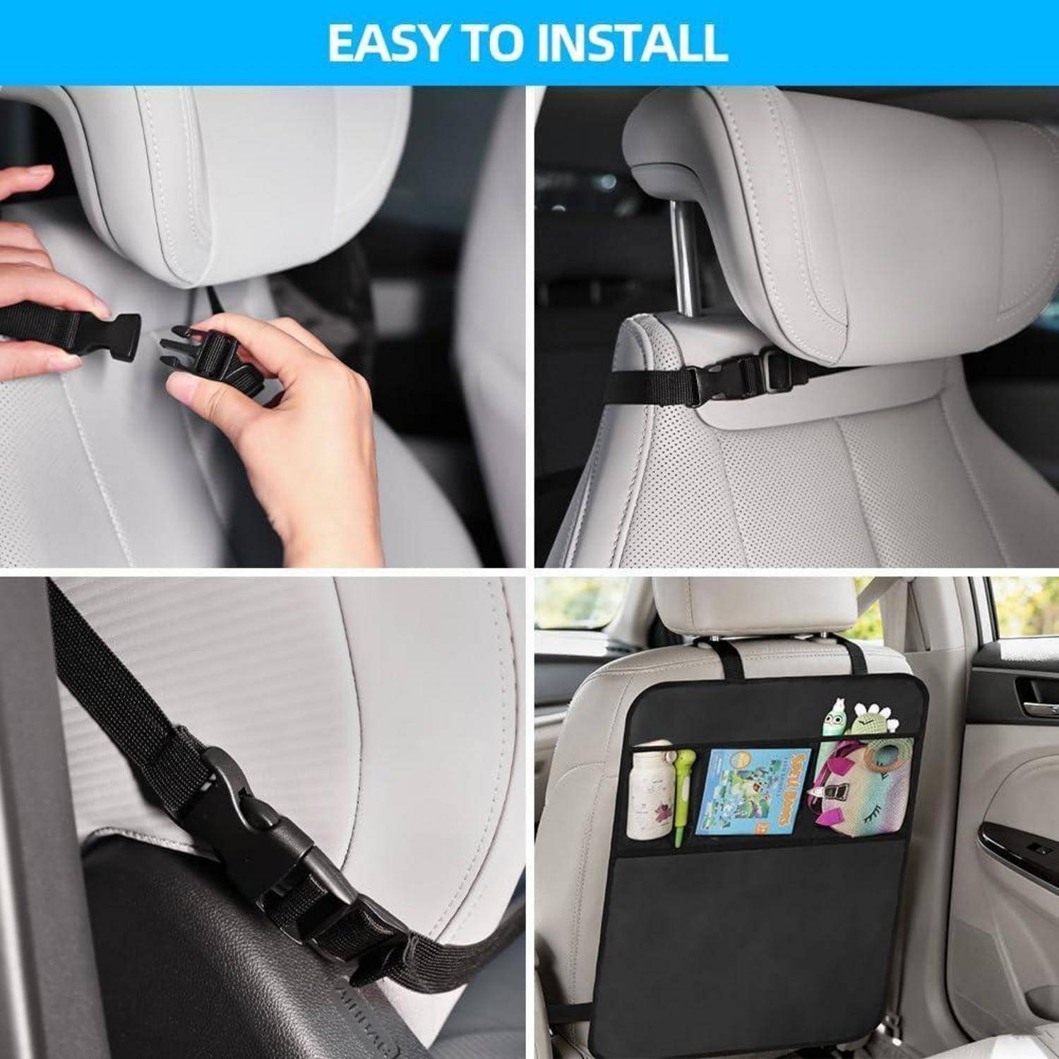 Installationsleitfaden in vier Schritten für einen Autositz-Rückenlehnentasche: Befestigen Sie die Klips um die Kopfstütze und den Sitz, dann hängen Sie sie auf, um Gegenstände in der hinteren Sitztasche zu halten.