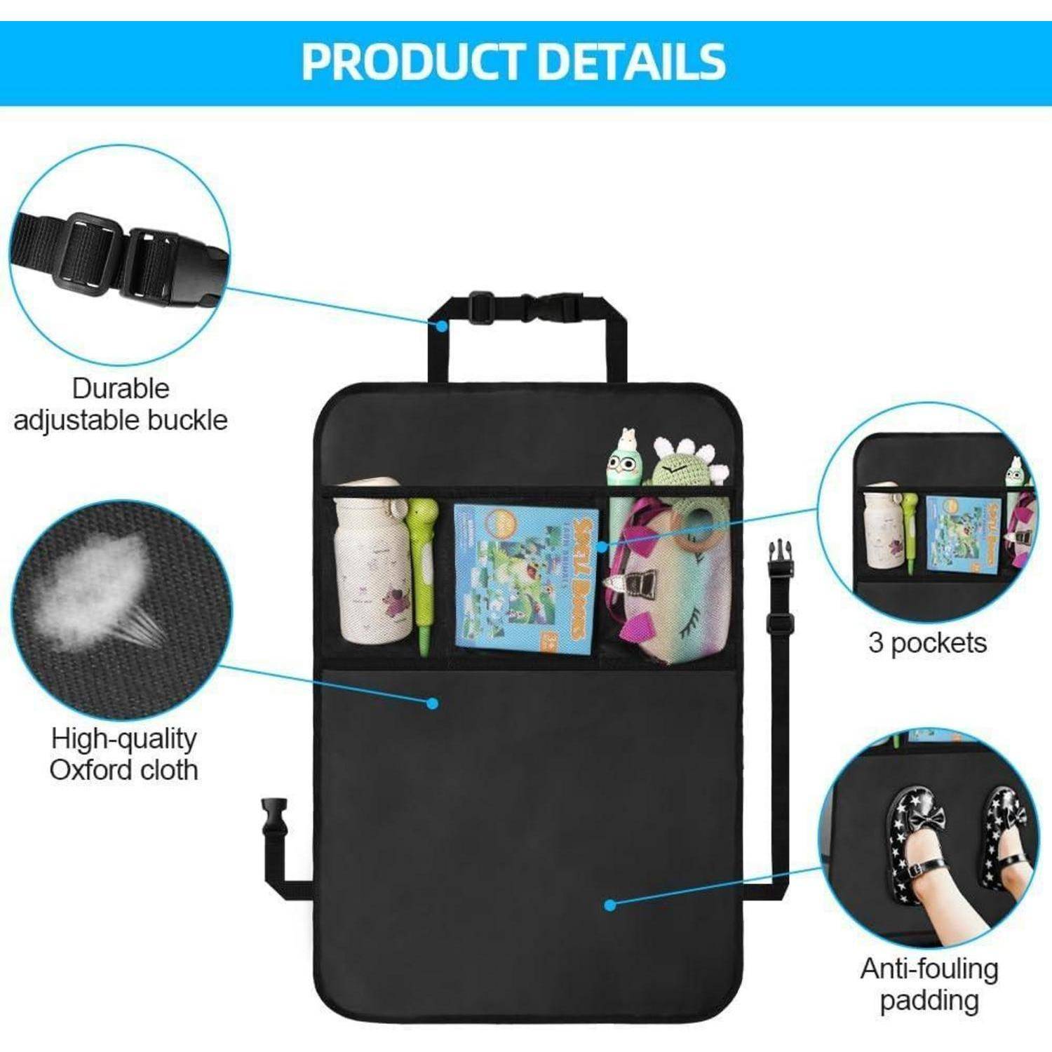 Produktdetails einer Rückbank-Organizer für Autos: verstellbarer Verschluss, hochwertiger Oxford-Stoff, 3 Taschen und rutschfeste Polsterung.