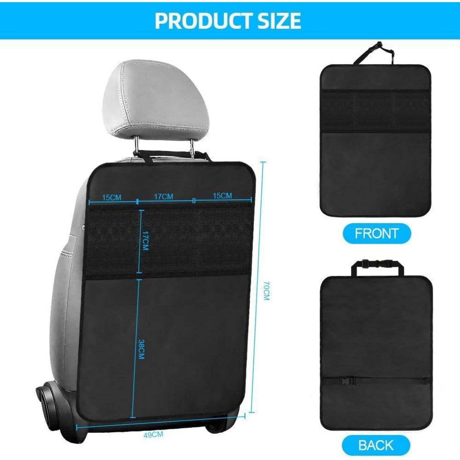 Produktgrößendiagramm einer schwarzen Autositz-Organizer-Abdeckung mit Vorder- und Rückansicht, das Abmessungen von 49 cm Breite und 70 cm Höhe mit beschrifteten Abschnitten zeigt.
