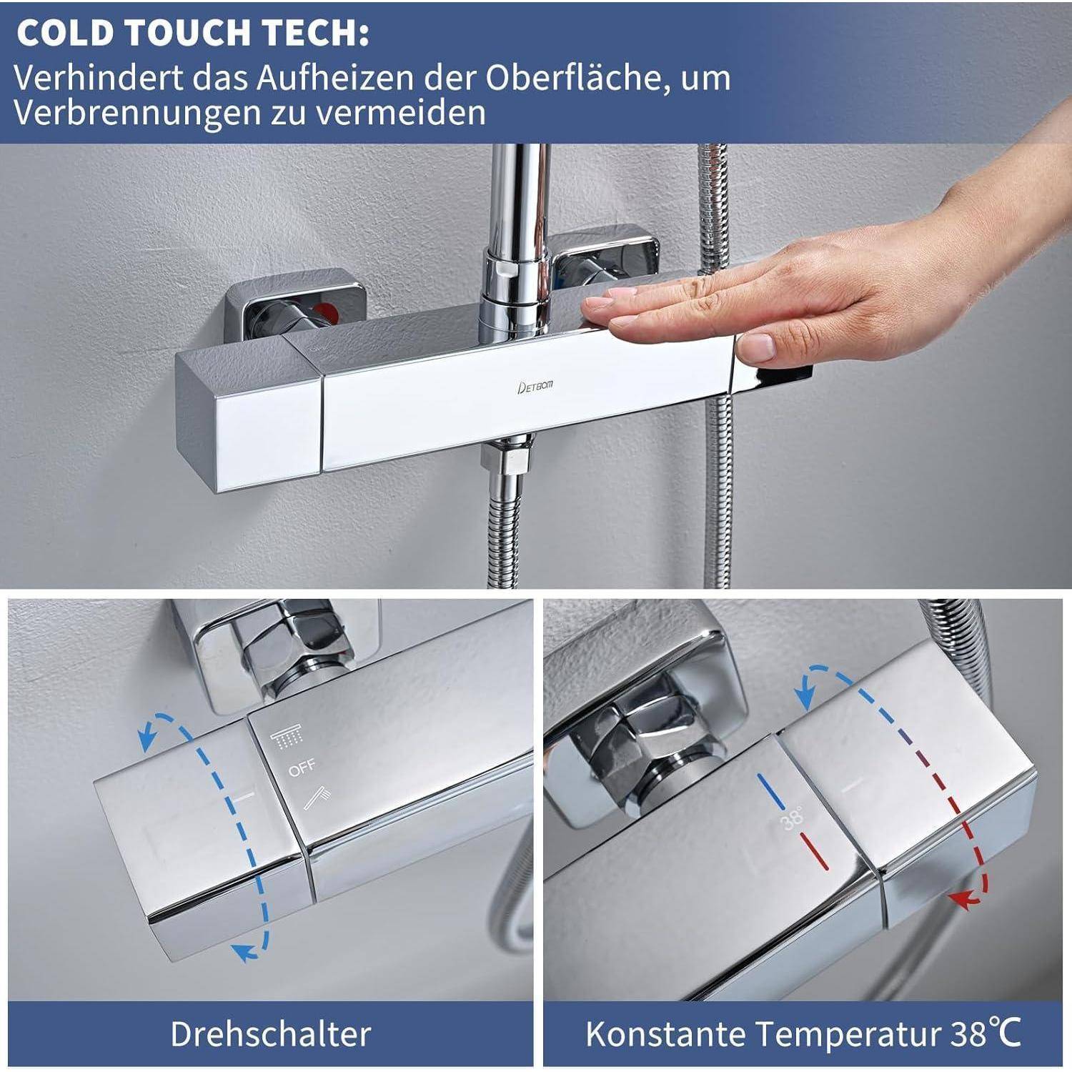 Diagramm eines Duscharmsturs mit der Bezeichnung „COLD TOUCH TECH", das eine Hand zeigt, die die kühle Oberfläche berührt, einen Drehschalter und eine konstante Temperatur von 38 °C.