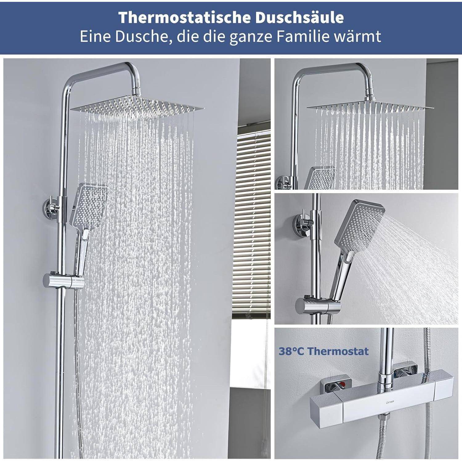 Produktcollage einer thermostatischen Duschsäule mit Regendusche und Handbrause, mit Text „Thermostatische Duschsäule" und „38°C Thermostat"".