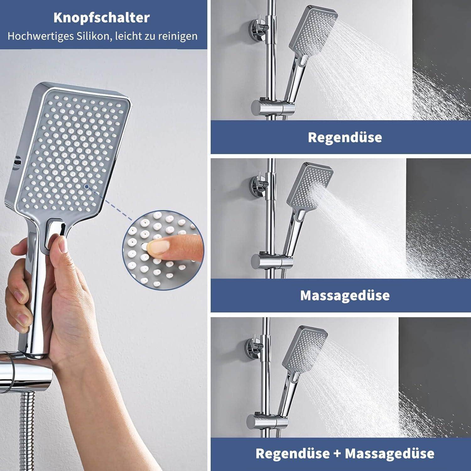 Produktabbildung einer tragbaren Brausegarnitur mit Silikondruckschaltern, die die Modi „Regendusche", „Massagedüse"" und „Regendusche + Massagedüse"" zeigt.