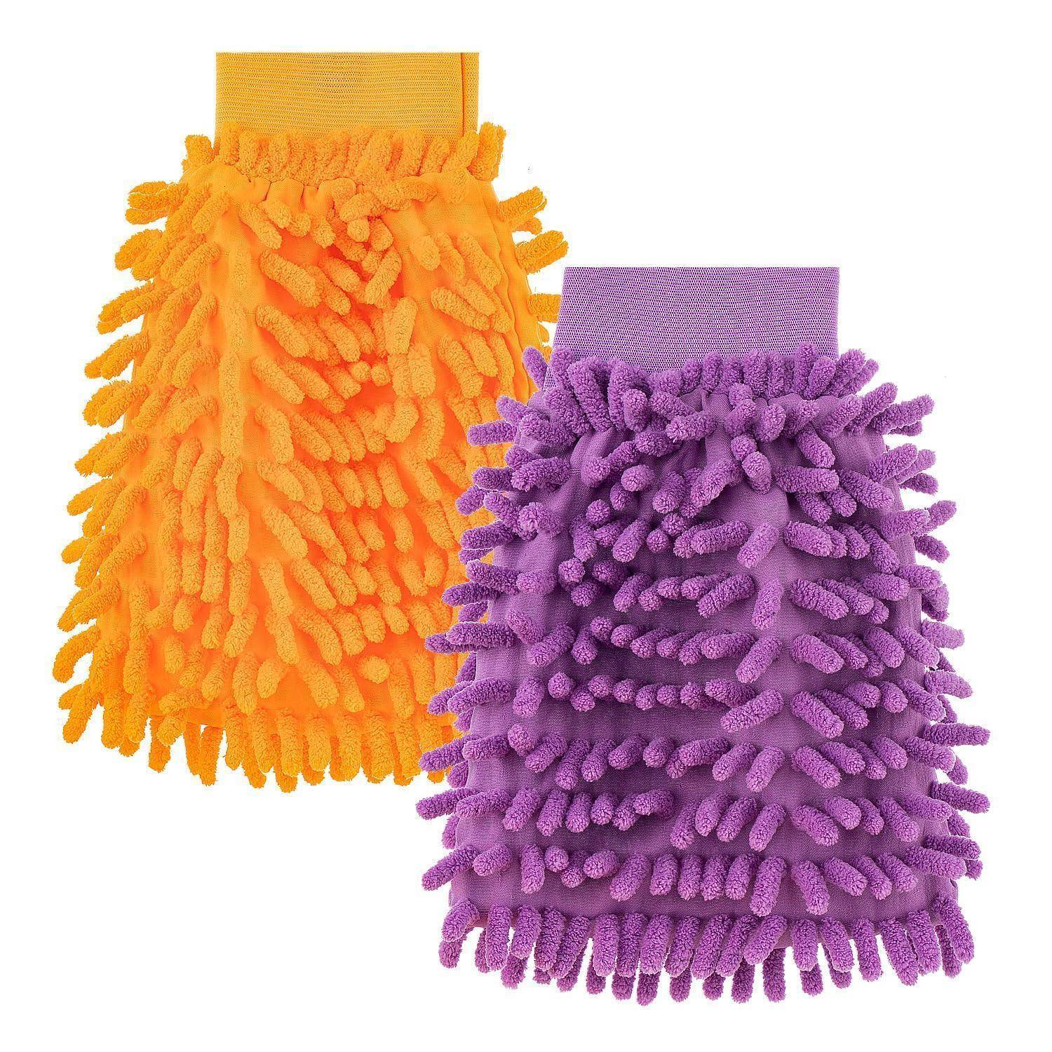 Zwei Mikrofaser-Chenille-Reinigungsfäustlinge, einer orange und einer lila, nebeneinander auf weißem Hintergrund dargestellt.