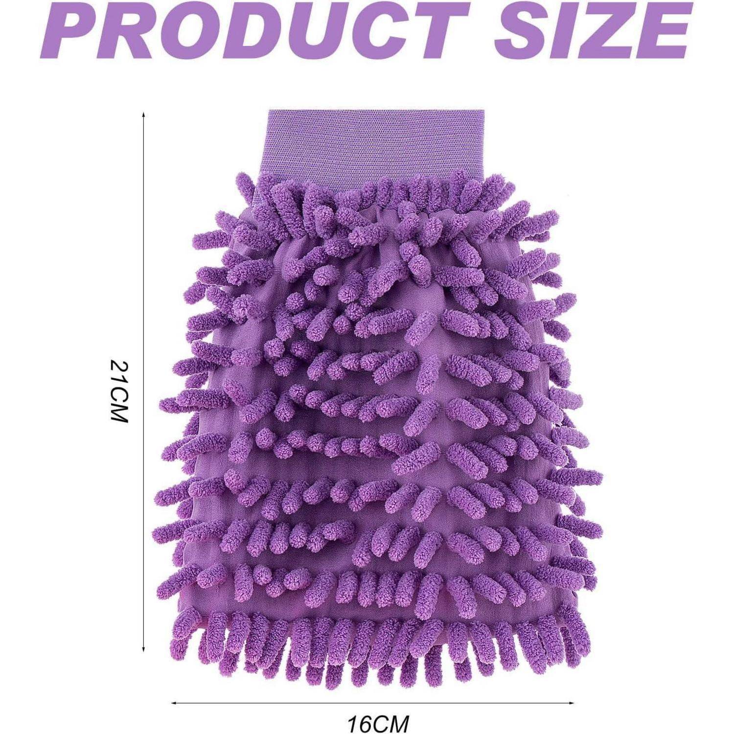 Lila Mikrofaser-Reinigungsfäustling in Vorderansicht gezeigt mit Produktgröße beschriftet 21 cm hoch und 16 cm breit.