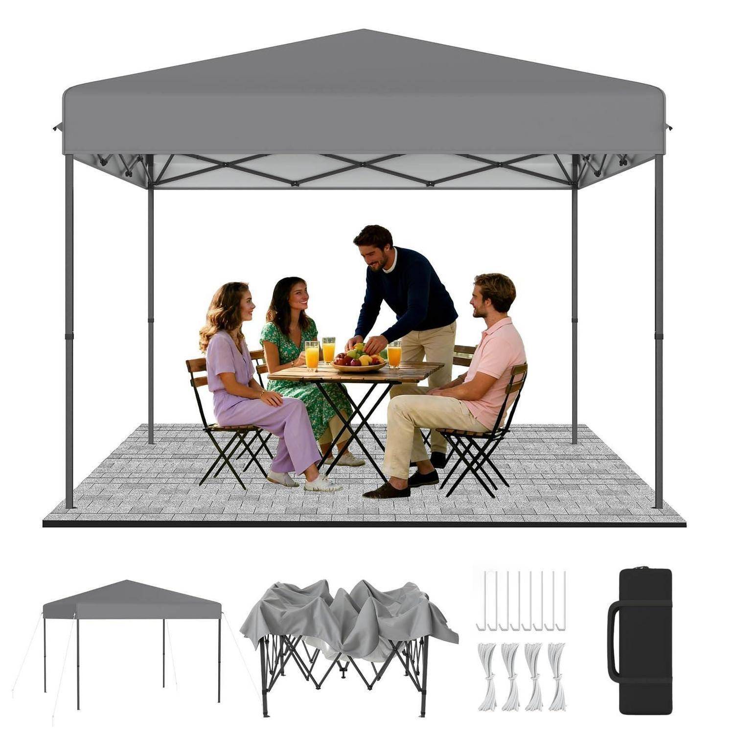 Grau-weißes Popup-Kuppelzelt mit vier Personen, die sich um einen kleinen Tisch im Inneren versammeln; eingefügte Bilder zeigen das Zelt gefaltet, zusammengeklappt und in einer Tragetasche verpackt.