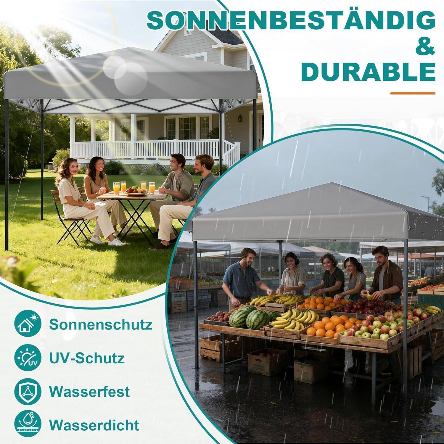 Werbegrafik eines grauen Pop-up-Baldachins, der in Sonne und Regen verwendet wird, mit Menschen, die im Freien und auf einem nassen Markt essen; Text sagt: „SONNENBESTÄNDIG & LANGLEBIG", „Sonnenschutz"", „UV-Schutz"", „Wasserfest"", „Wasserdicht"".