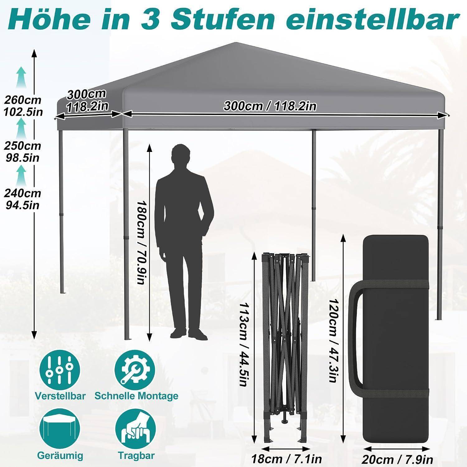Diagramm eines Pop-Up-Baldachins mit 'Höhe in 3 Stufen einstellbar'; zeigt einstellbare Höhen von 240, 250, 260 cm, 300 cm Breite und enthaltene Tragetasche und Gestell.