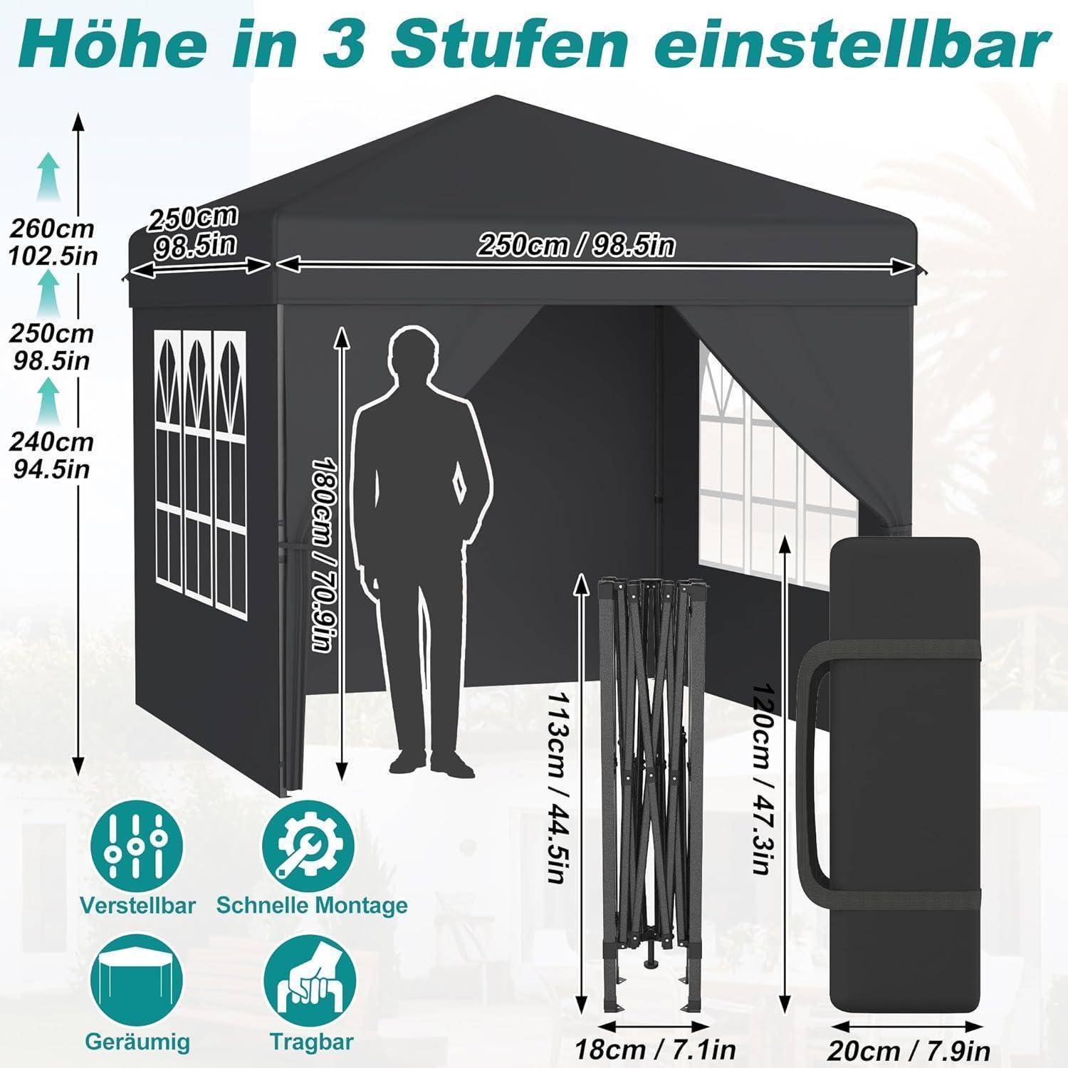 Diagramm eines schwarzen Pop-Up-Pavillon-Zeltes mit der Beschriftung „Höhe in 3 Stufen einstellbar", das die verstellbare Höhe zeigt, 250 cm Breite, 260/250/240 cm Höhen und die mitgelieferte Tragetasche.