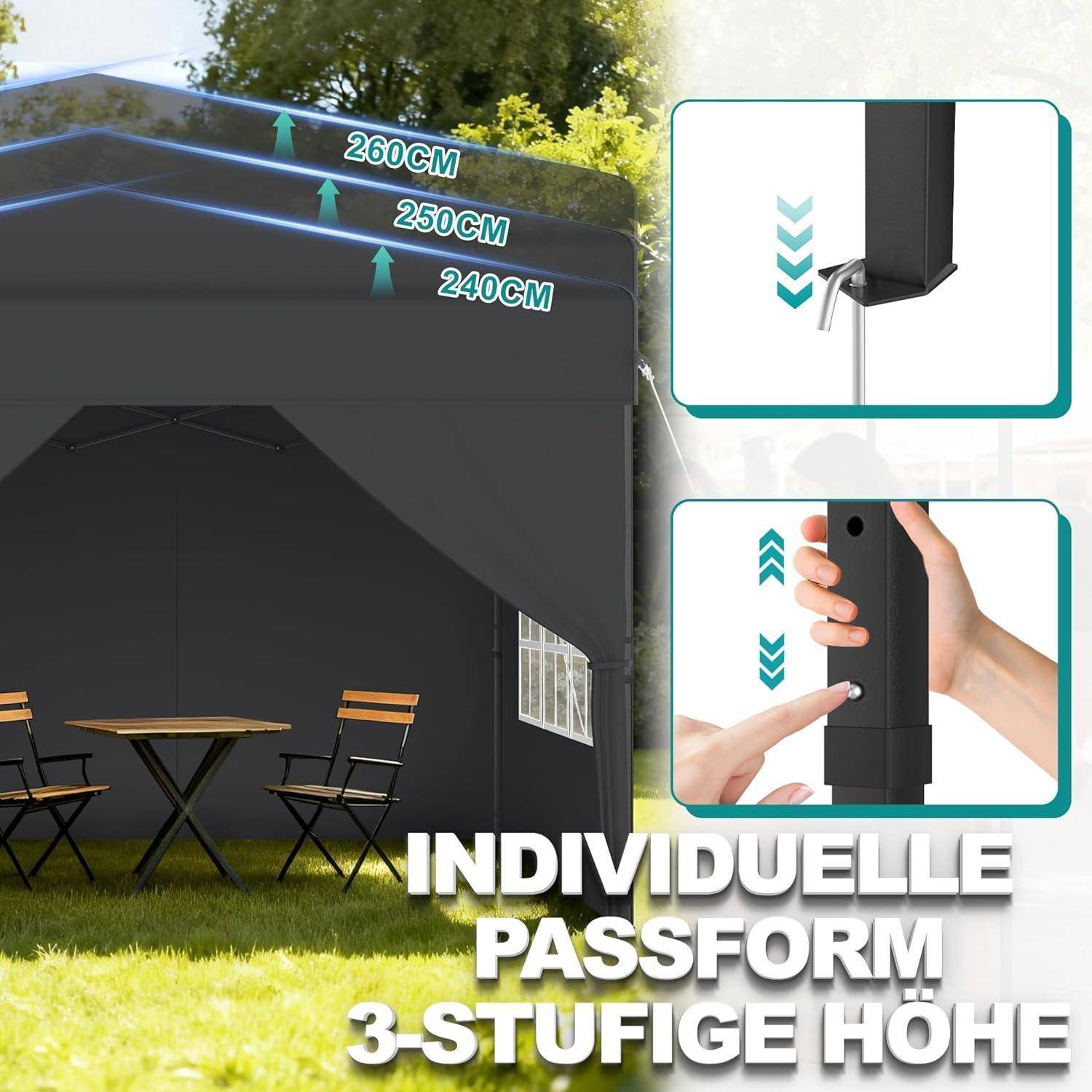 Schwarzes Baldachindach mit verstellbaren Höheneinstellungen 240 CM, 250 CM, 260 CM und eingefügte Diagramme, die einen Polverriegelungsstift für dreistu­fige Höhenverstellung zeigen.