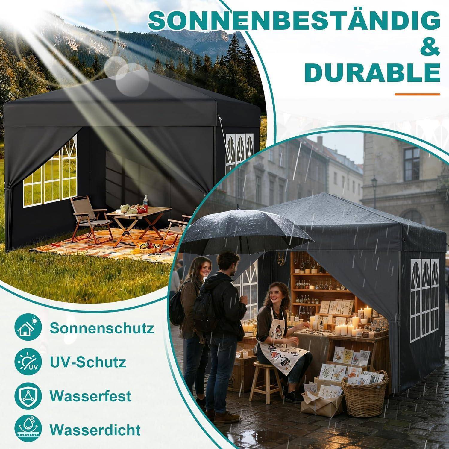 Werbebild einer schwarzen Outdoor-Gazebo, die in Sonne und Regen gezeigt wird, mit der Bezeichnung „SONNENBESTÄNDIG & DURABLE" und Hervorhebung von Sonne-, UV-, wasser- und wasserdichter Eigenschaften.