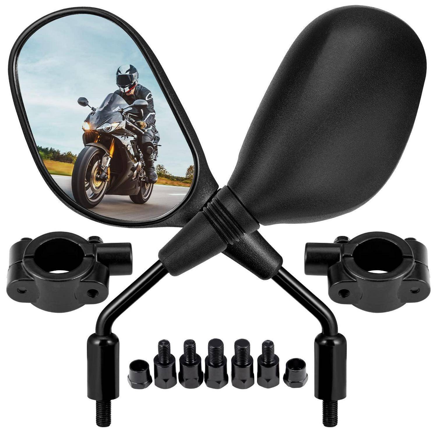 Satz mit zwei Motorrad-Rückspiegeln, Montageklemmen und Adapterschrauben; ein Spiegel zeigt einen Fahrer auf einem Sportmotorrad.