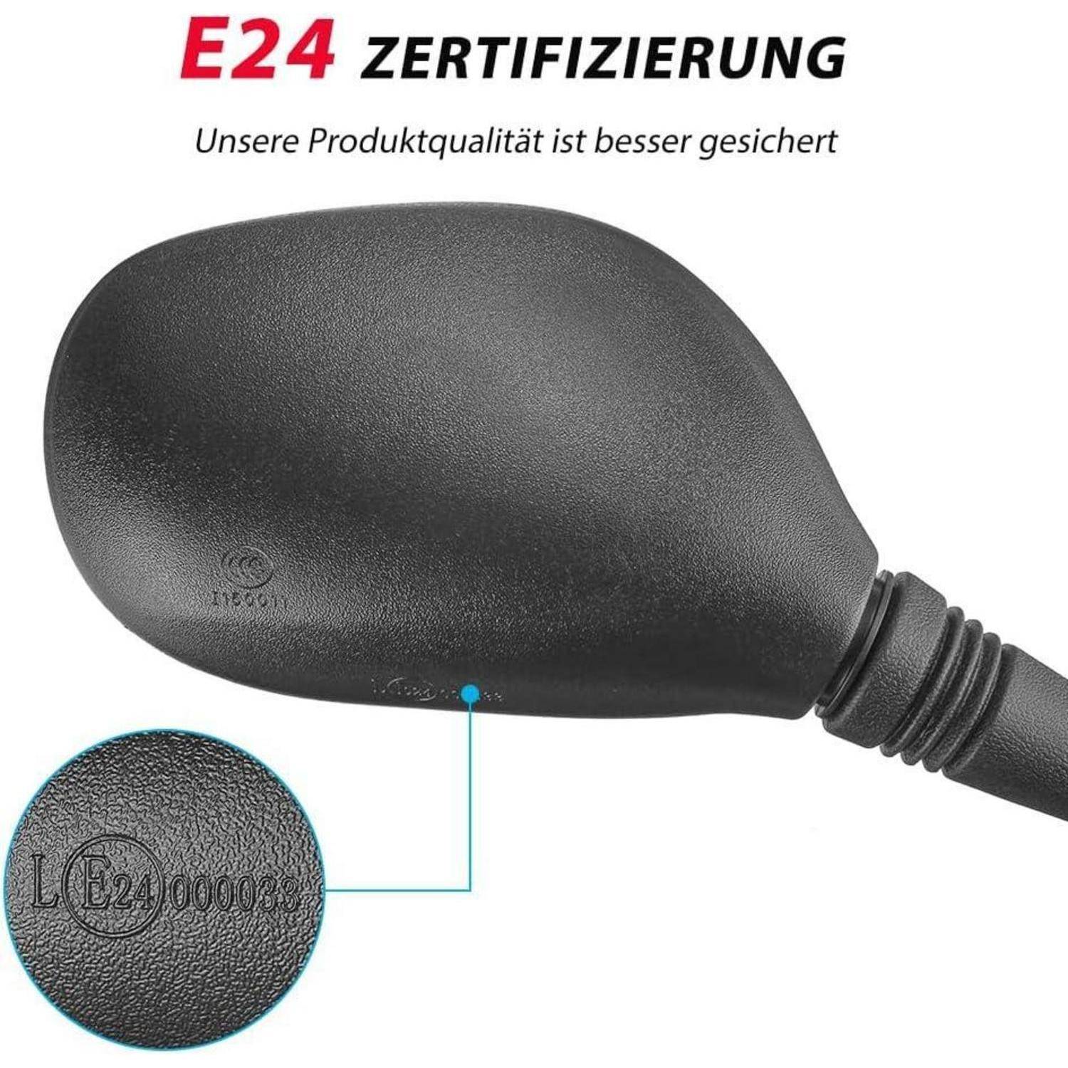 Schwarzer Motorrad-Spiegel mit Nahaufnahme-Einsatz, das die E24-Zertifizierungsmarke und den Text „E24 ZERTIFIZIERUNG
