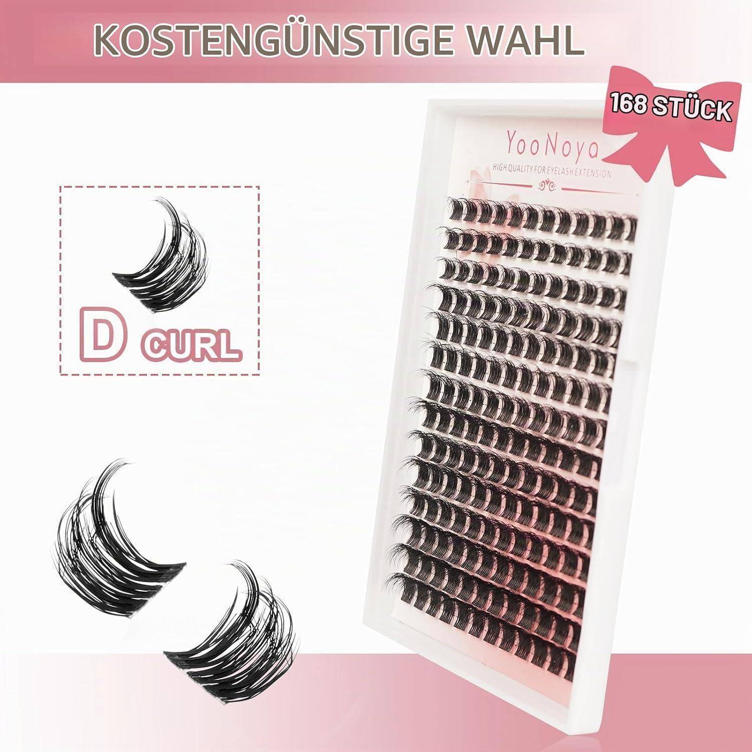 Weiß-rosa Anzeige für ein 168-teiliges D-Curl-Kunstwimpernsortiment in einem weißen Displaytablett, mit den Etiketten „KOSTENGÜNSTIGE WAHL