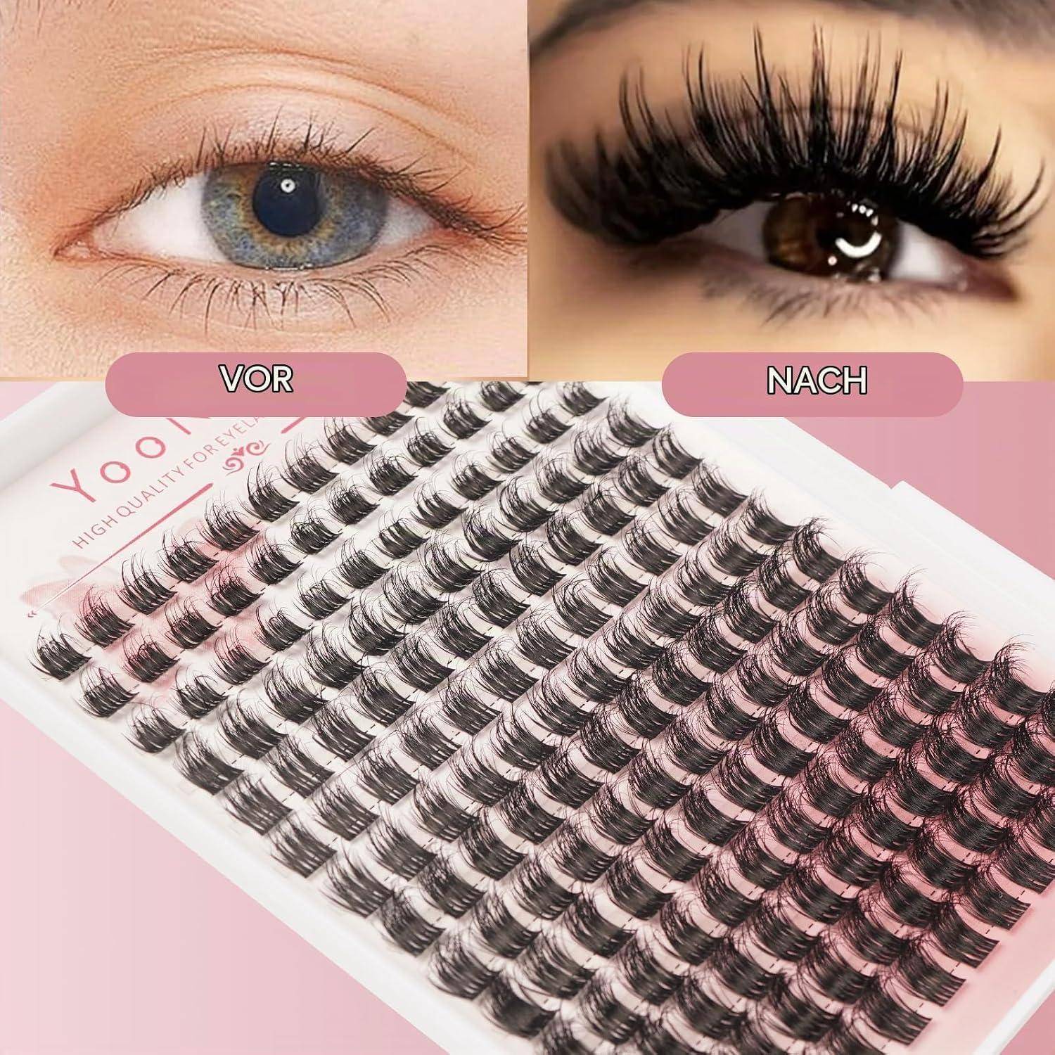 Vorher-und-Nachher-Anzeige für Wimpernverlängerungen, die ein natürliches Auge und einen volleren, dramatischeren Wimpernlook zeigt, mit einem Tablett aus künstlichen Wimpern darunter.