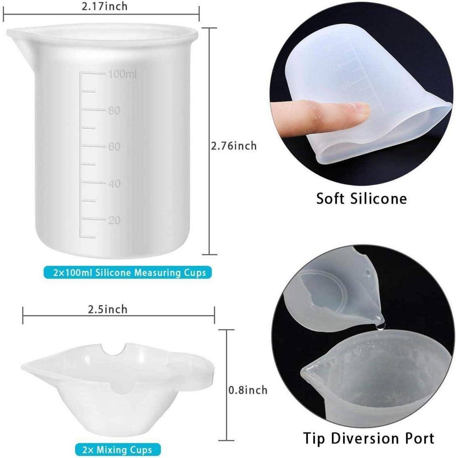 Produktdiagramm von zwei weichen Silikonmess-/Mischbechern mit 100-ml-Fassungsvermögen, flexiblem Material, Abmessungen und Ausgießtülle-Funktion.