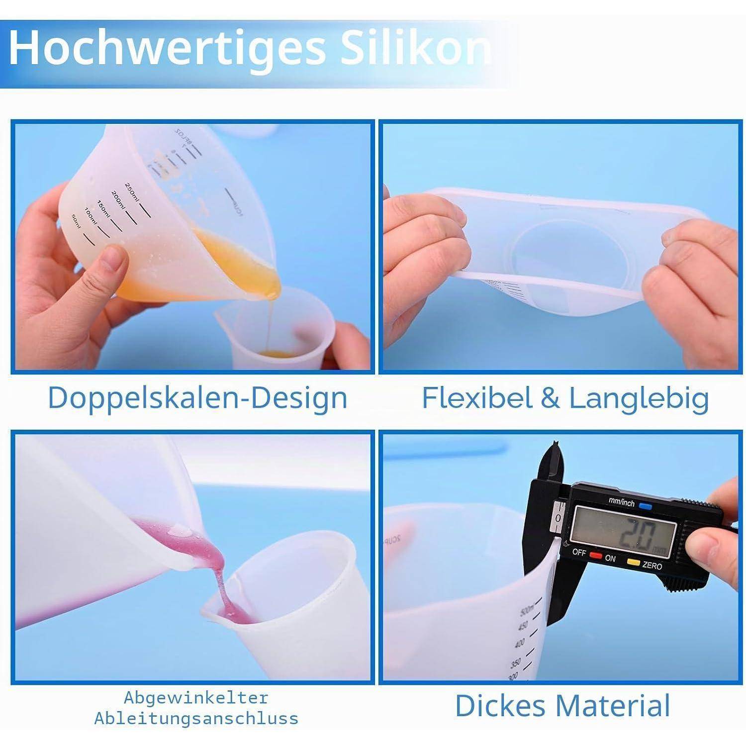 Werbegrafik für eine hochwertige Silikonmessbecher mit doppelten Skalen, flexiblem, haltbarem Material, abgewinkelter Ausgießtülle und dickem Material.