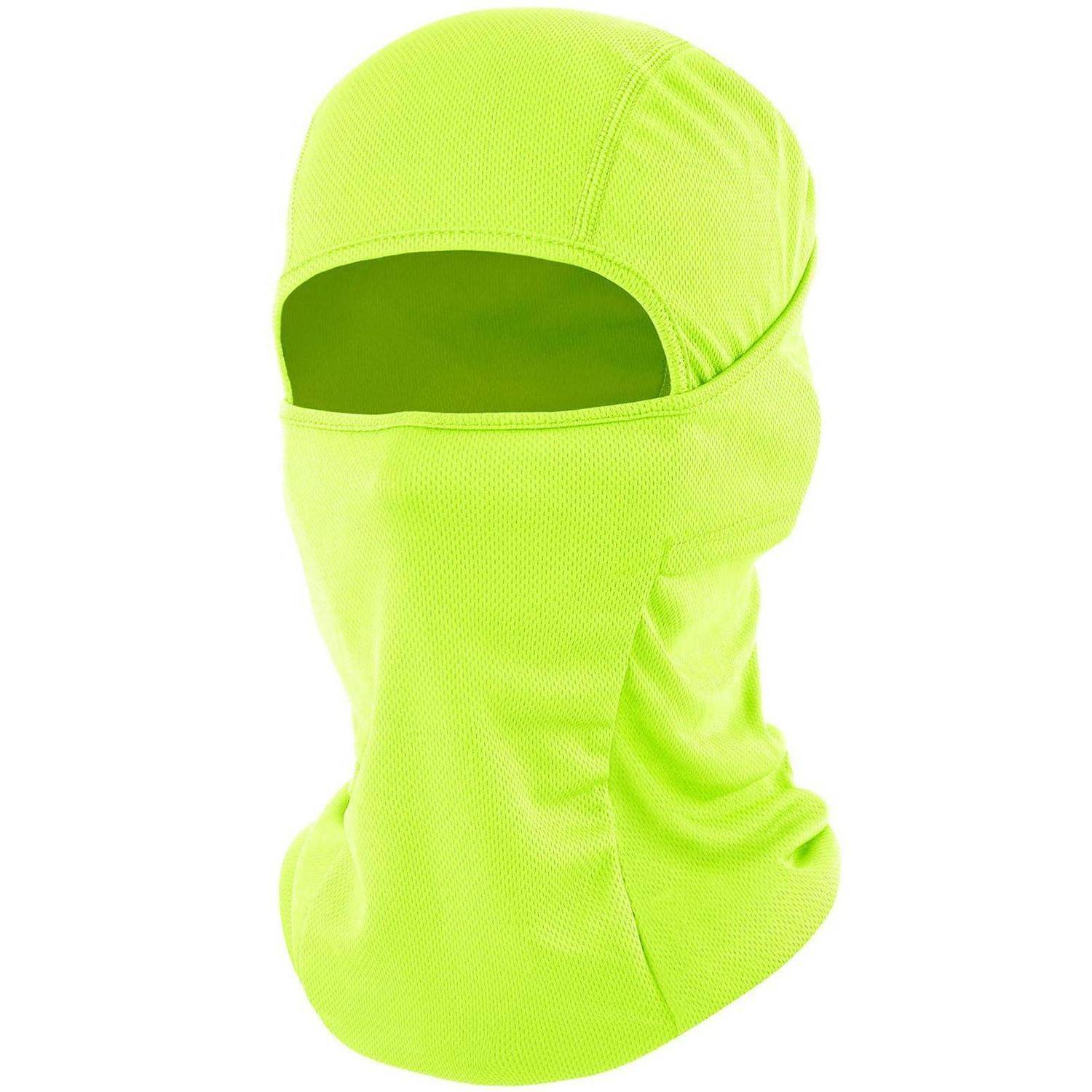 Leuchtend neongrüne Sturmhaube mit einer einzelnen Öffnung für ein Auge, gezeigt auf weißem Hintergrund.