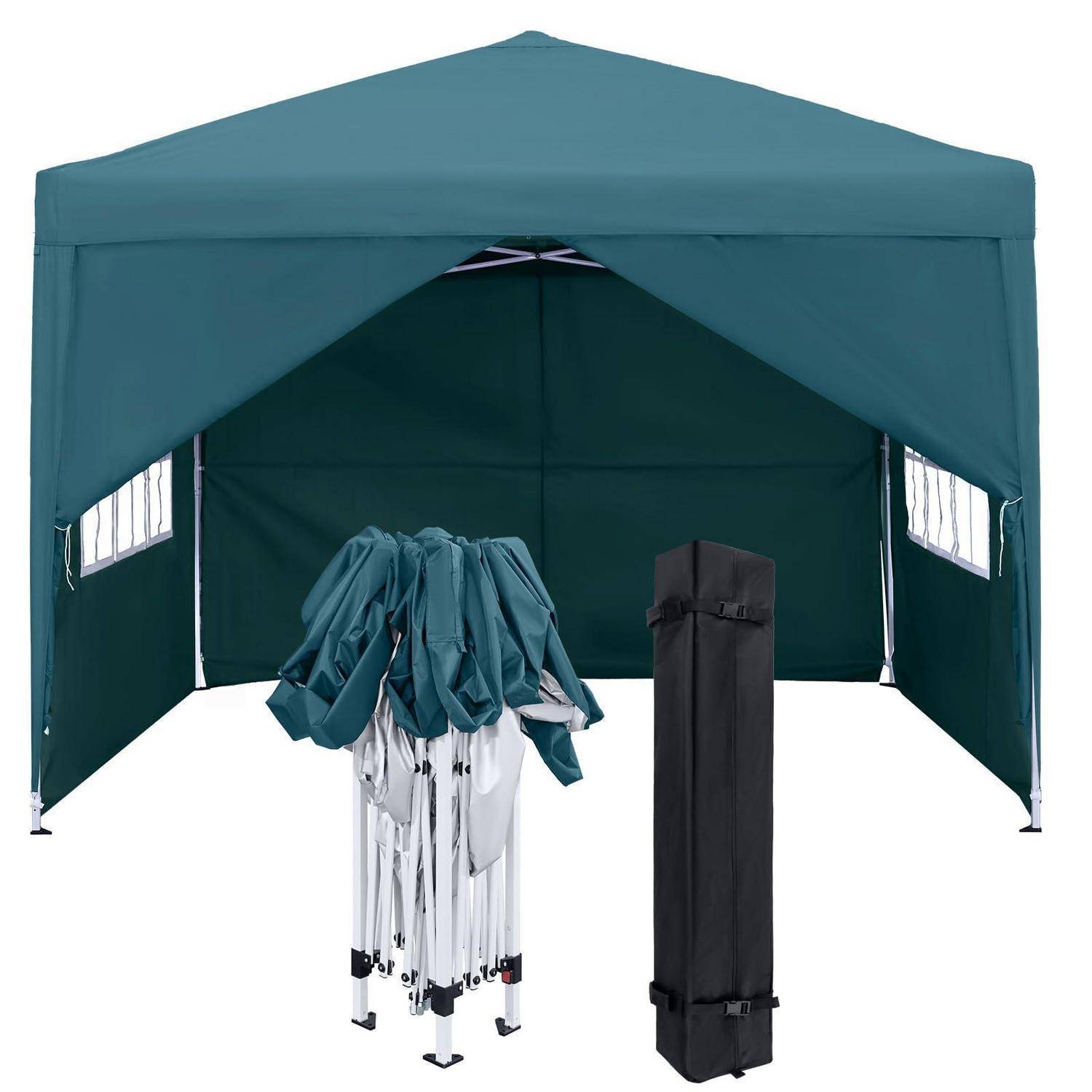 Grünes Pop-up-Pavillon-Zelt mit Seitenfenstern, gezeigt offen und mit zusammengeklapptem Rahmen und einer Tragetasche im Inneren.