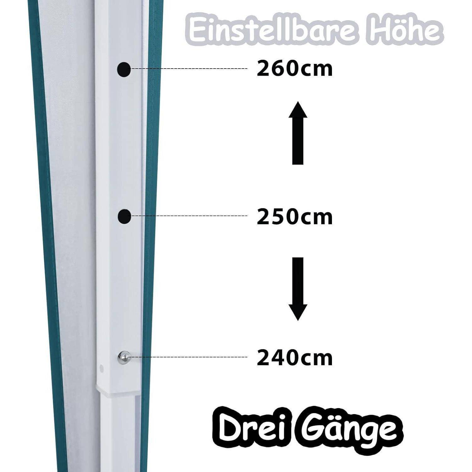 Diagramm zur Darstellung der einstellbaren Höhe 'Einstellbare Höhe' mit drei Einstellungen: 240 cm, 250 cm und 260 cm; gekennzeichnet als 'Drei Gänge'.
