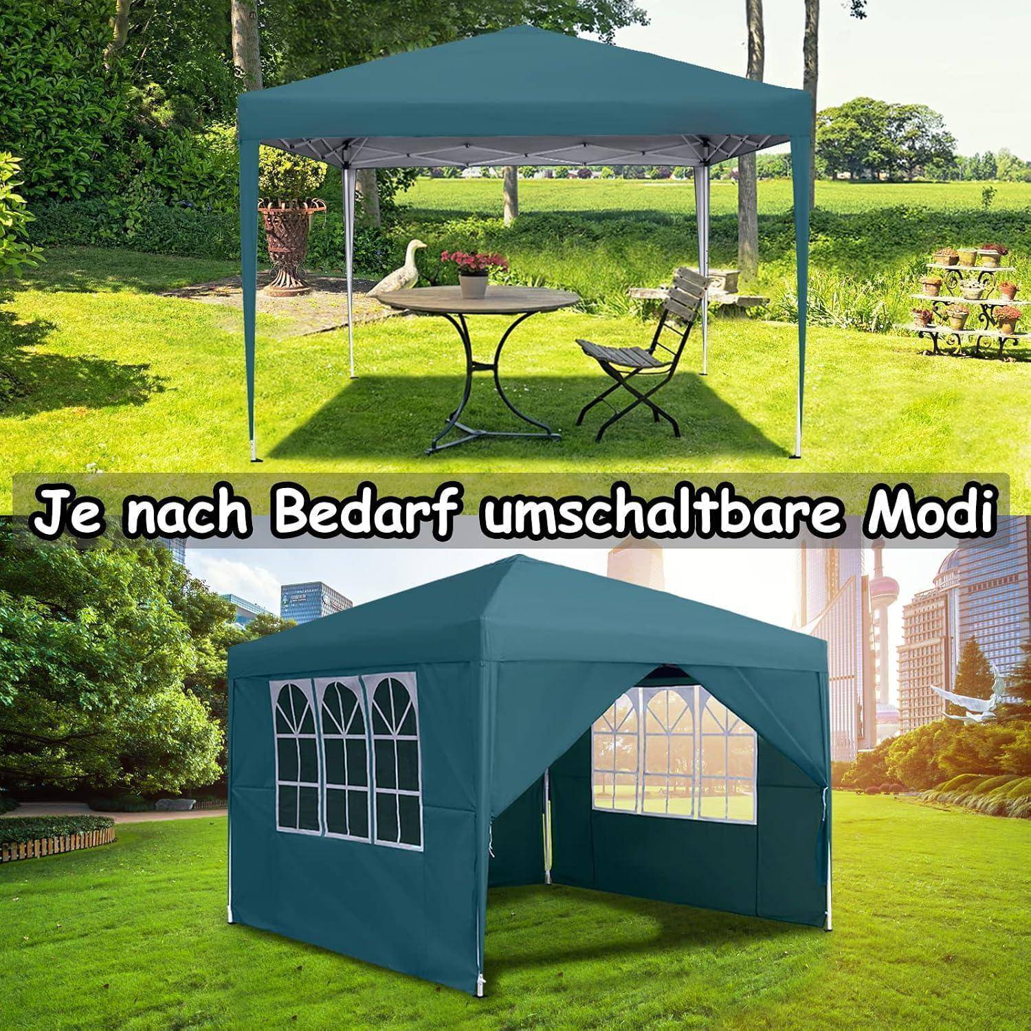 Zwei Ansichten eines blaugrünen Pop-up-Gartenpavillon-Zelts mit verstellbaren Seitenpaneelen: offener Schattenunterstand oben und geschlossenes Zelt unten.