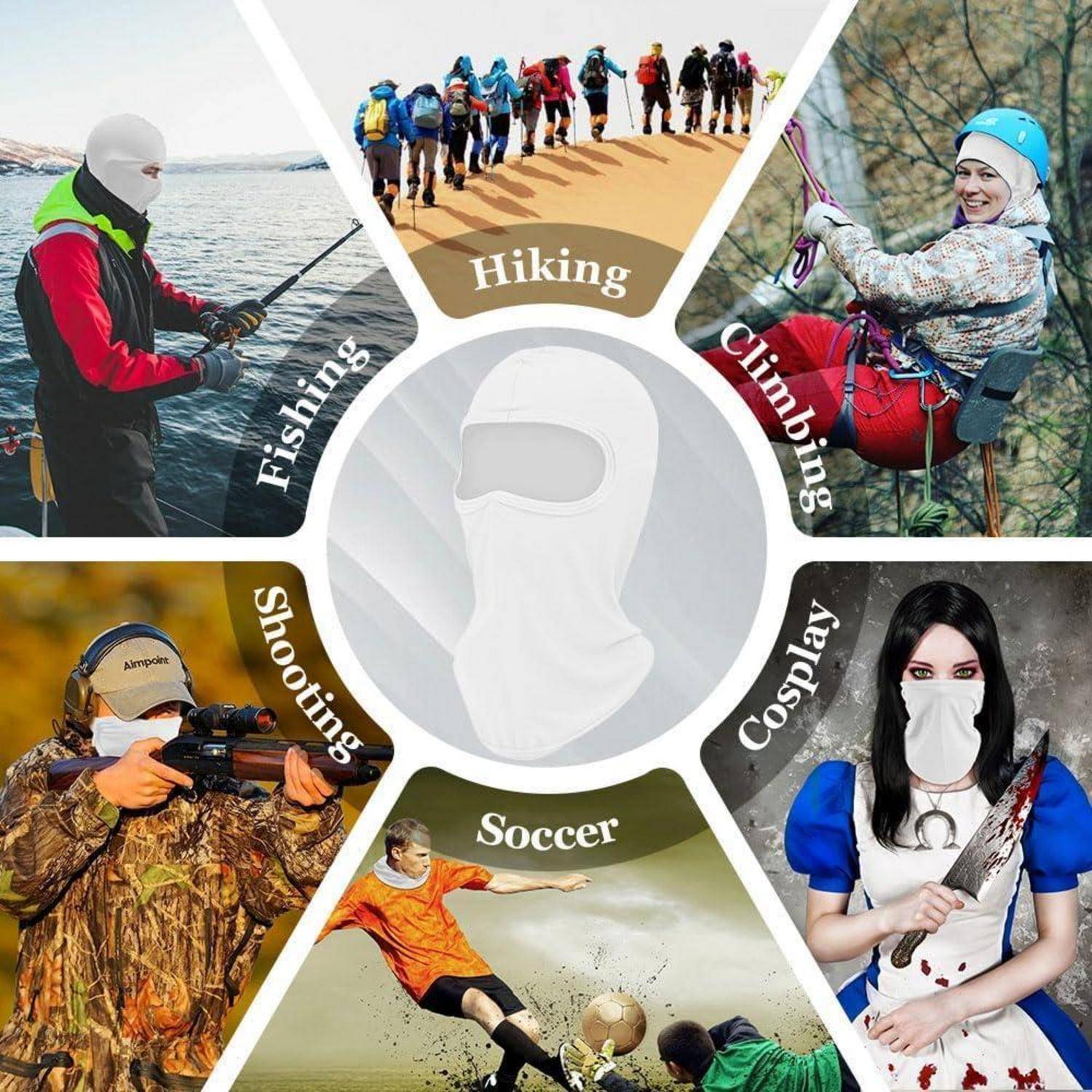 Collage von Outdoor- und Hobbyaktivitäten mit den Bezeichnungen Angeln, Wandern, Klettern, Schießen, Fußball und Cosplay um ein zentrales Ski-Masken-Symbol herum.