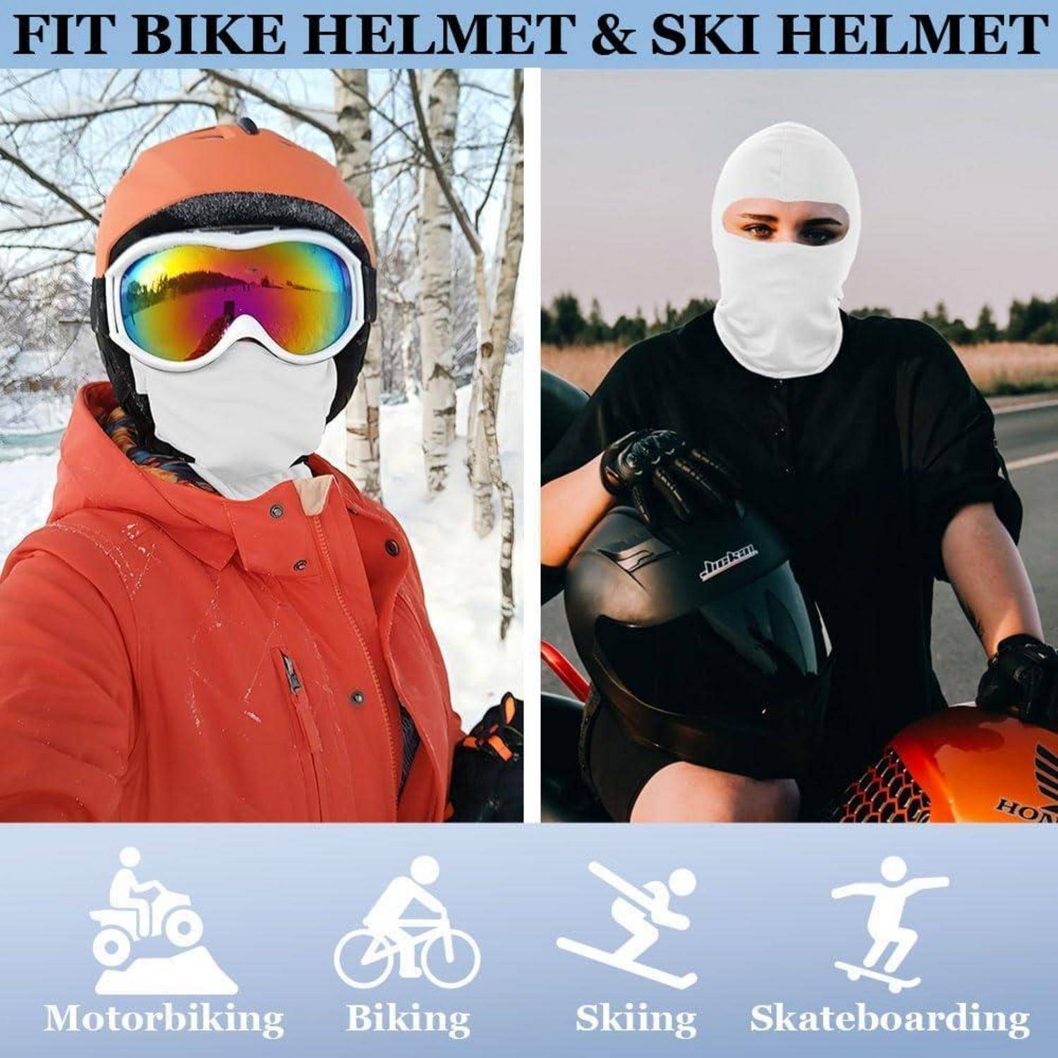 Werbegrafik zeigt eine weiße Sturmhaubenart-Helmunterzug für Fahrrad- und Skigebrauch, getragen von einem Radfahrer und einem Skifahrer; Der Text lautet „PASST BIKE-HELM & SKI-HELM