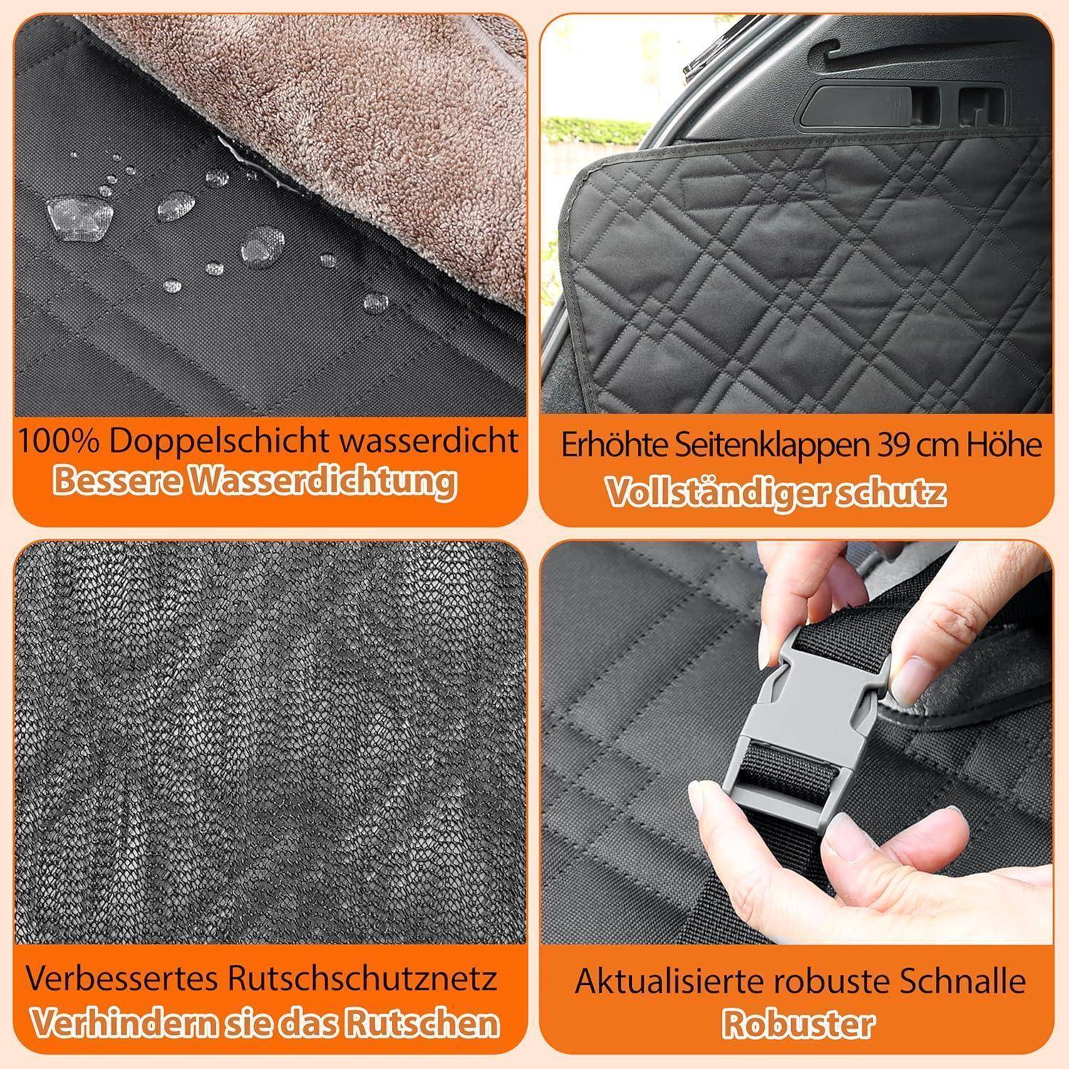 Vierpanel-Produktgrafik zeigt Eigenschaften einer wasserdichten Autolast-Abdeckung: doppellagige Wasserdichtheit, 39 cm erhöhte Seitenklappen, rutschfestes Netzgewebe und eine robuste Schnalle.